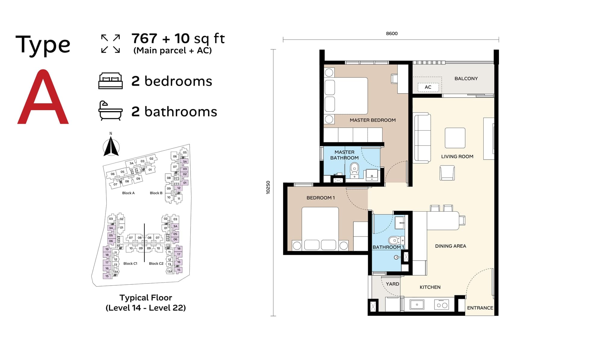 Ara Bloc Residences Type A floor plan — 767 sq ft, 2 bedrooms, 2 bathrooms, with its key plan for the typical floor