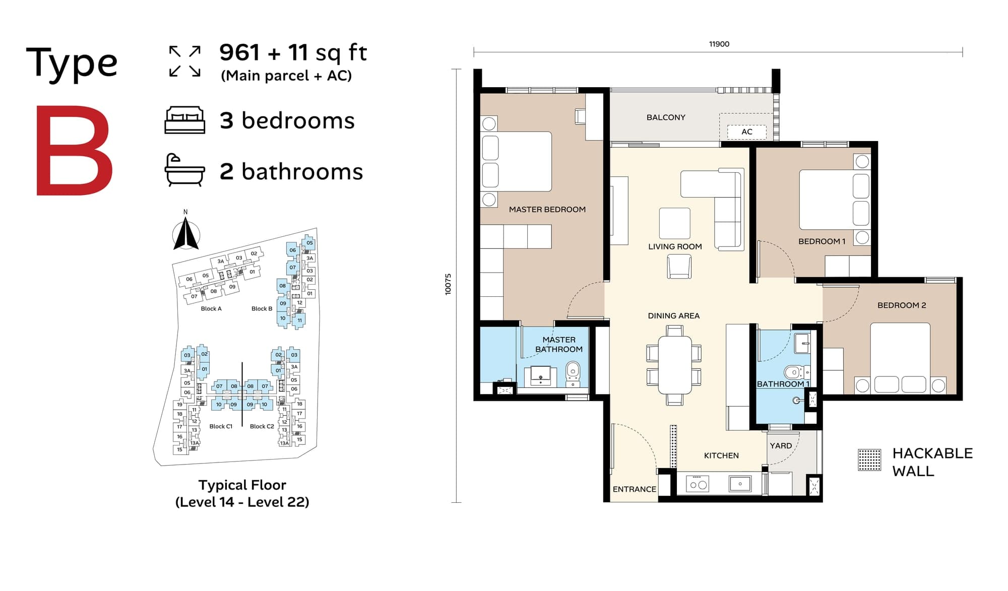 Ara Bloc Residences Type B floor plan — 961 sq ft, 3 bedrooms, 2 bathrooms, with its key plan for the typical floor