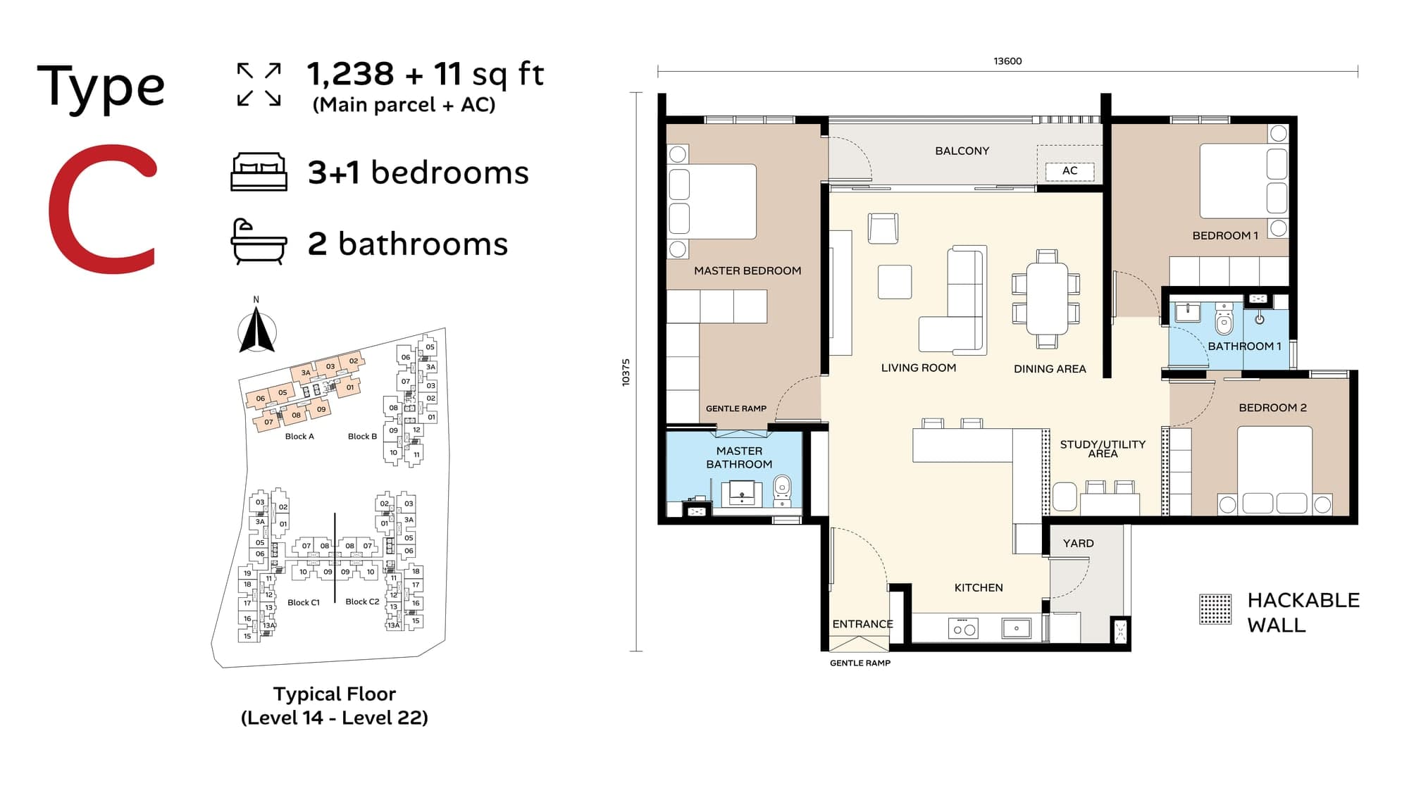 Ara Bloc Residences Type C floor plan — 1,238 sq ft, 3+1 bedrooms, 2 bathrooms, with its key plan for the typical floor