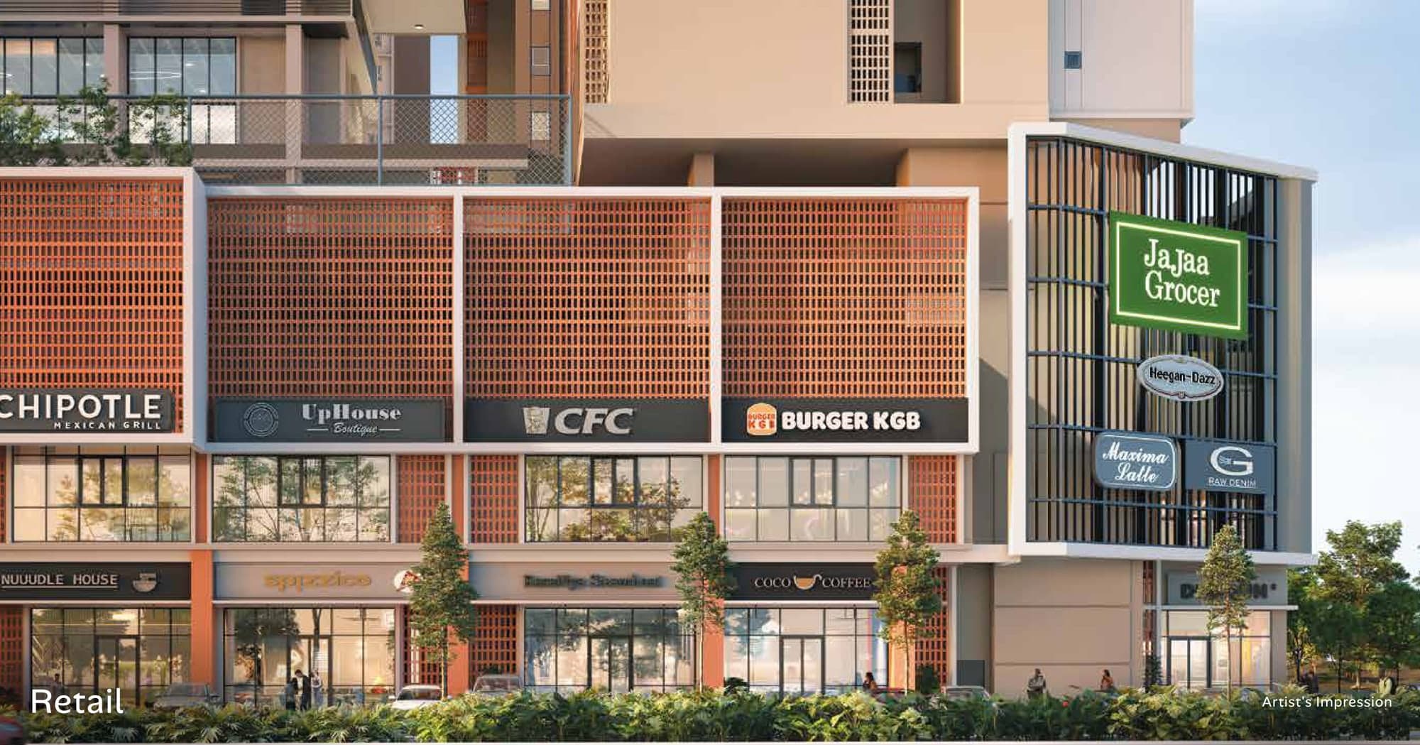 The shops, fronting the street on both sides, Ara Bloc Residences, artist's impression