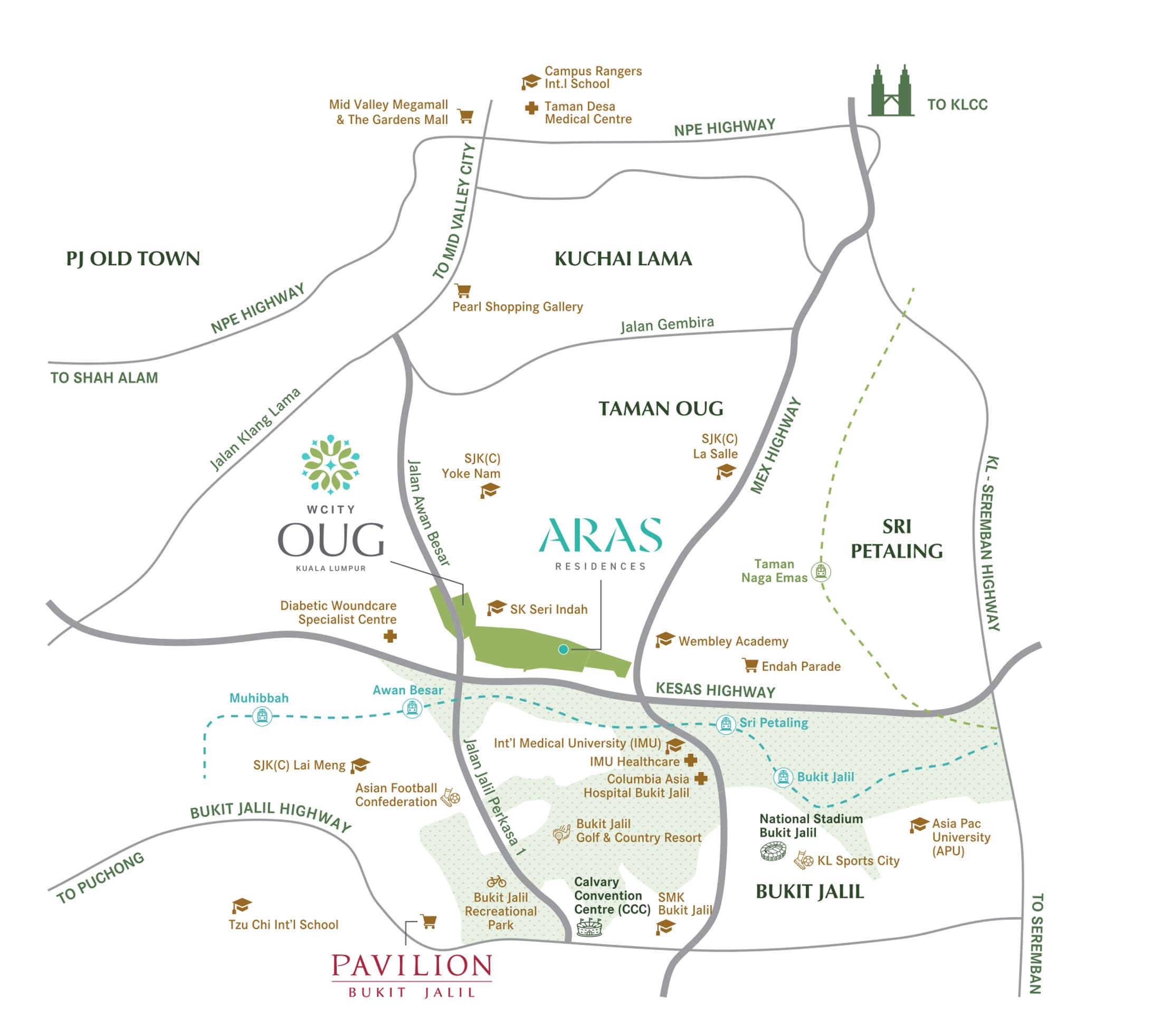 Aras Residences location map — the site marked inside the WCity OUG township on Jalan Awan Besar, with Taman OUG, Kuchai Lama, Sri Petaling and Bukit Jalil around it, and the Kesas Highway, MEX Highway, NPE Highway, KL–Seremban Highway and the LRT Sri Petaling line with Muhibbah, Awan Besar, Sri Petaling and Bukit Jalil stations plotted