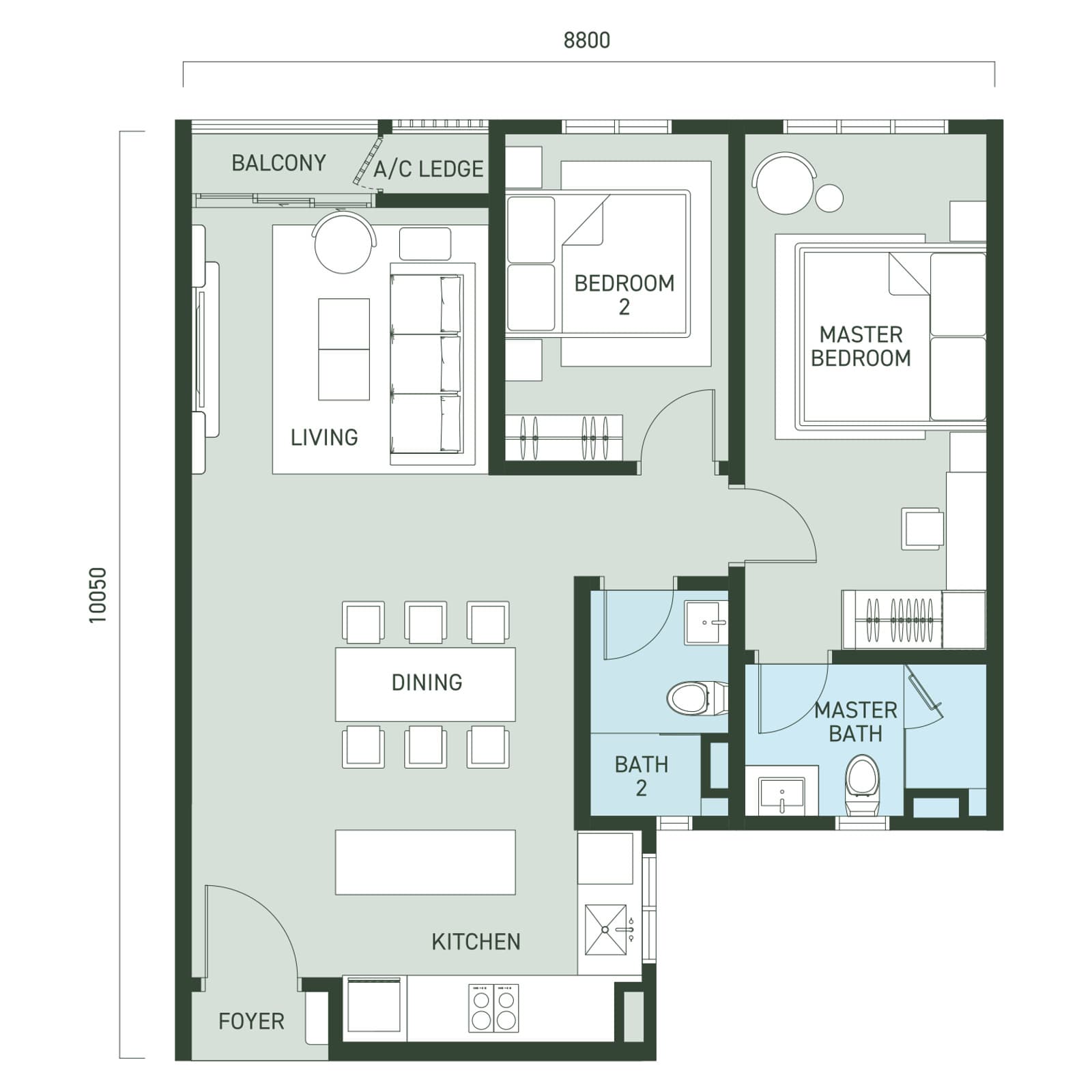 Aras Residences OUG Type A / A-1 floor plan — 850 sq ft, 2 bedrooms · 2 bathrooms · balcony