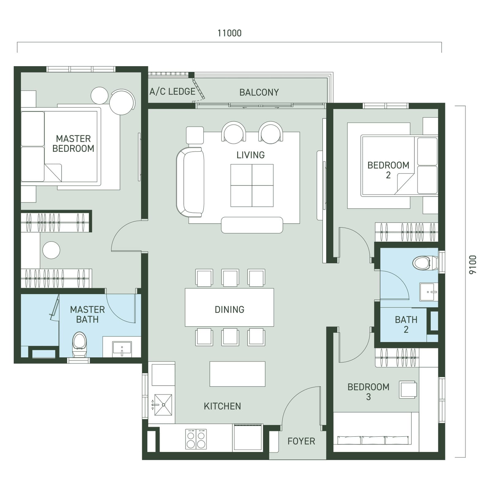 Aras Residences OUG Type B / B-1 floor plan — 1,062 sq ft, 3 bedrooms · 2 bathrooms · balcony