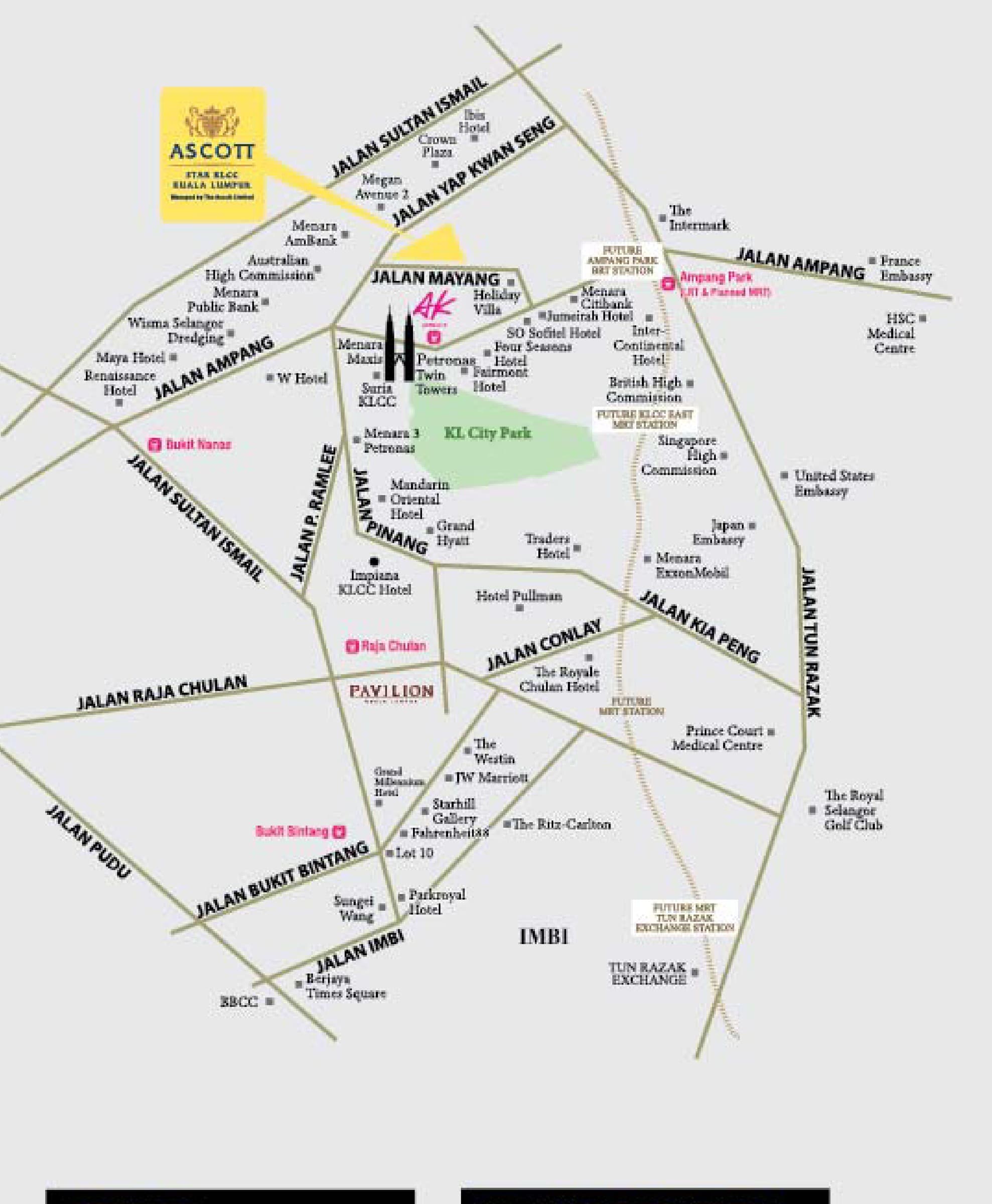 Ascott Star Residence location map from the brochure — the yellow Ascott Star KLCC square at Jalan Yap Kwan Seng and Jalan Mayang, with the Petronas Twin Towers, Suria KLCC, KL City Park and the KLCC LRT station below it, Ampang Park LRT and the future MRT stations marked, the Intermark and HSC Medical Centre up Jalan Ampang, Pavilion and Bukit Bintang to the south west, and the Royal Selangor Golf Club to the east