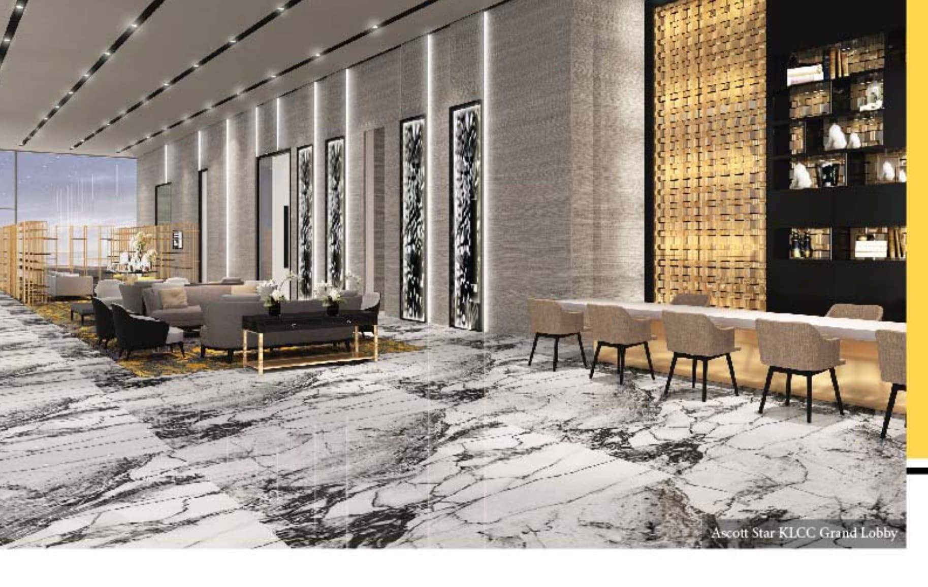 The grand lobby — book-matched marble underfoot, a gold-screened lounge wall and the concierge beyond