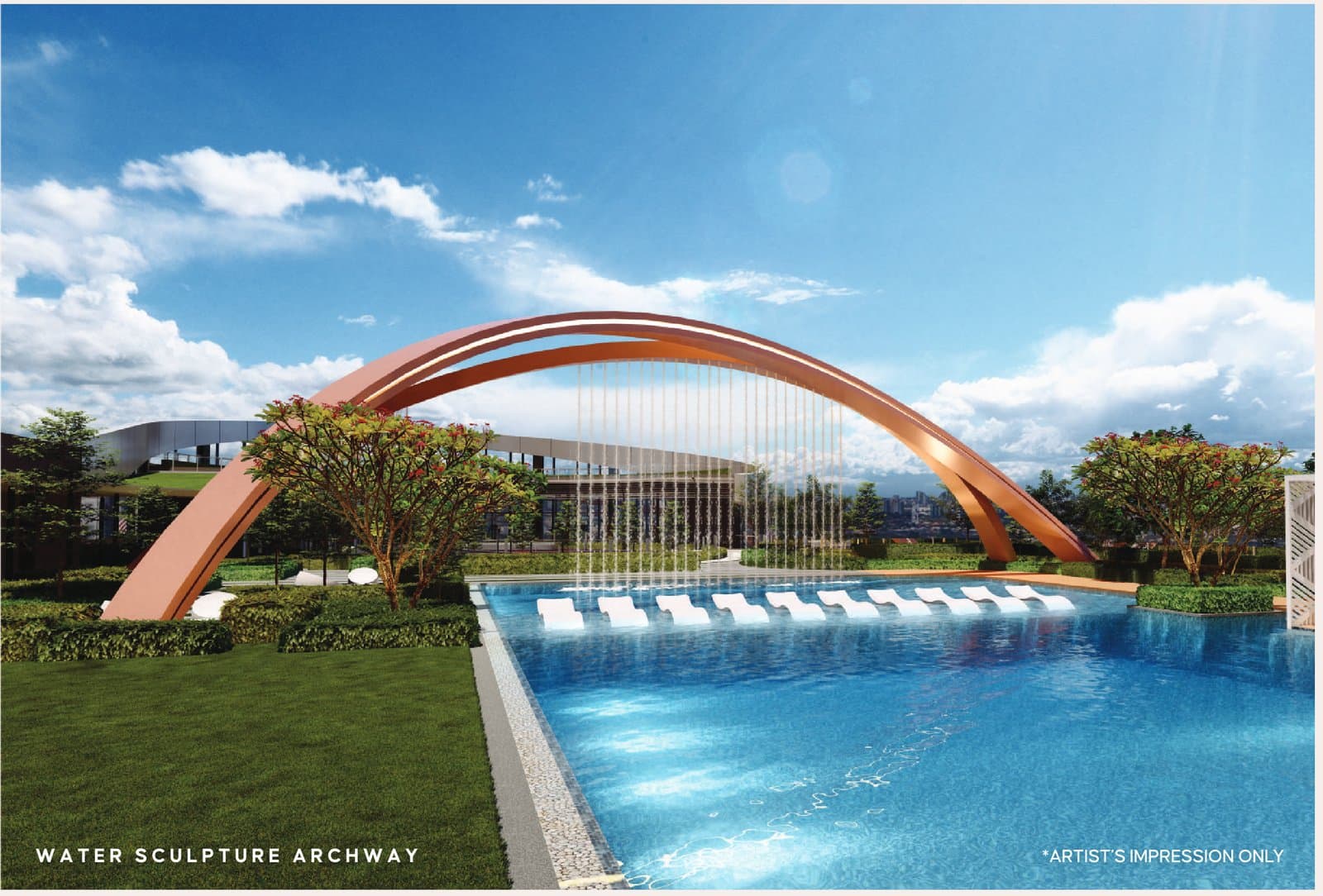 The water sculpture archway, raining a curtain of water across the 50m lap pool
