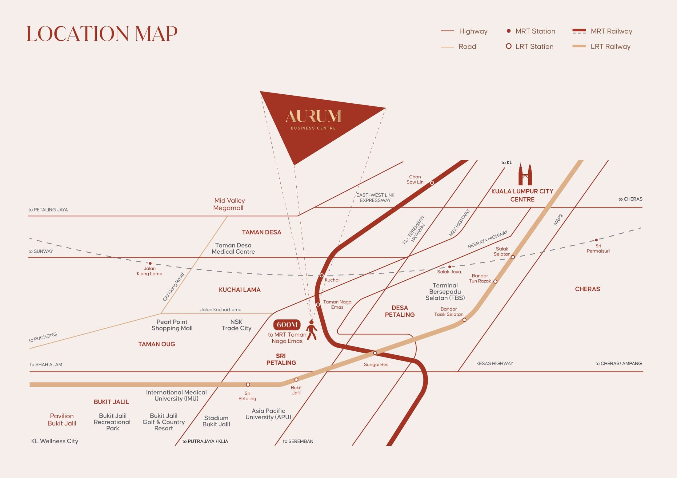 Aurum Business Centre location map — the site in Sri Petaling with the 600m walkway to MRT Taman Naga Emas, the KL–Seremban Highway, East–West Link, MEX, Besraya and KESAS, and Mid Valley, KLCC, TBS, IMU and Bukit Jalil around it