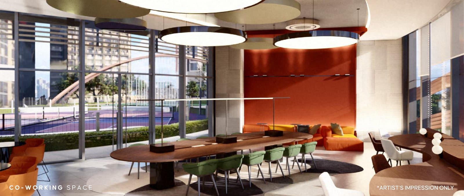 The co-working space — long shared tables and lounge corners looking onto the courts