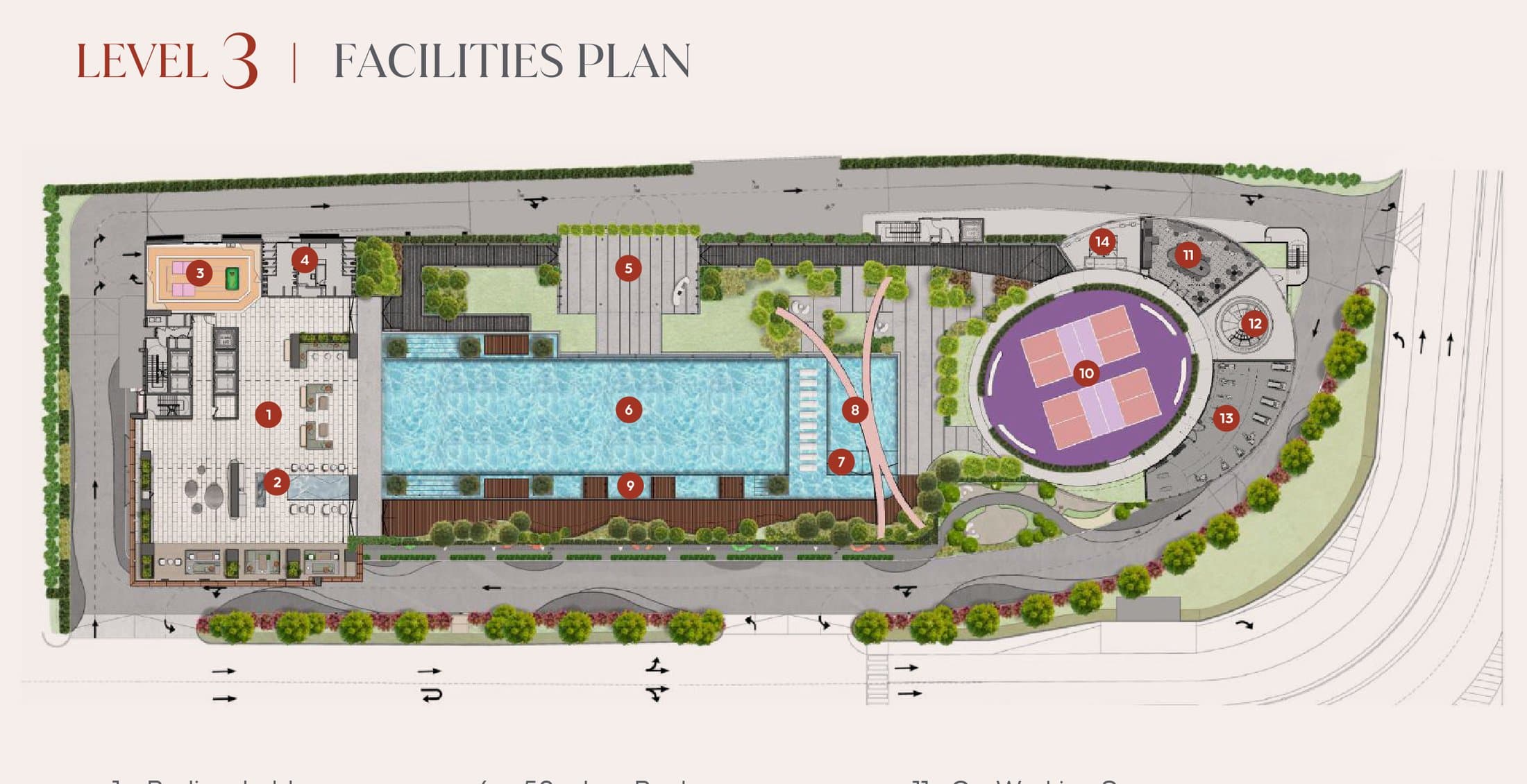 Aurum Suites Level 3 facilities plan — the 50m lap pool, wading pool, cabanas and water sculpture archway along the deck, with the podium lobby, pantry, games lounge, lifestyle pavilion, pickleball court, gym and co-working space around them