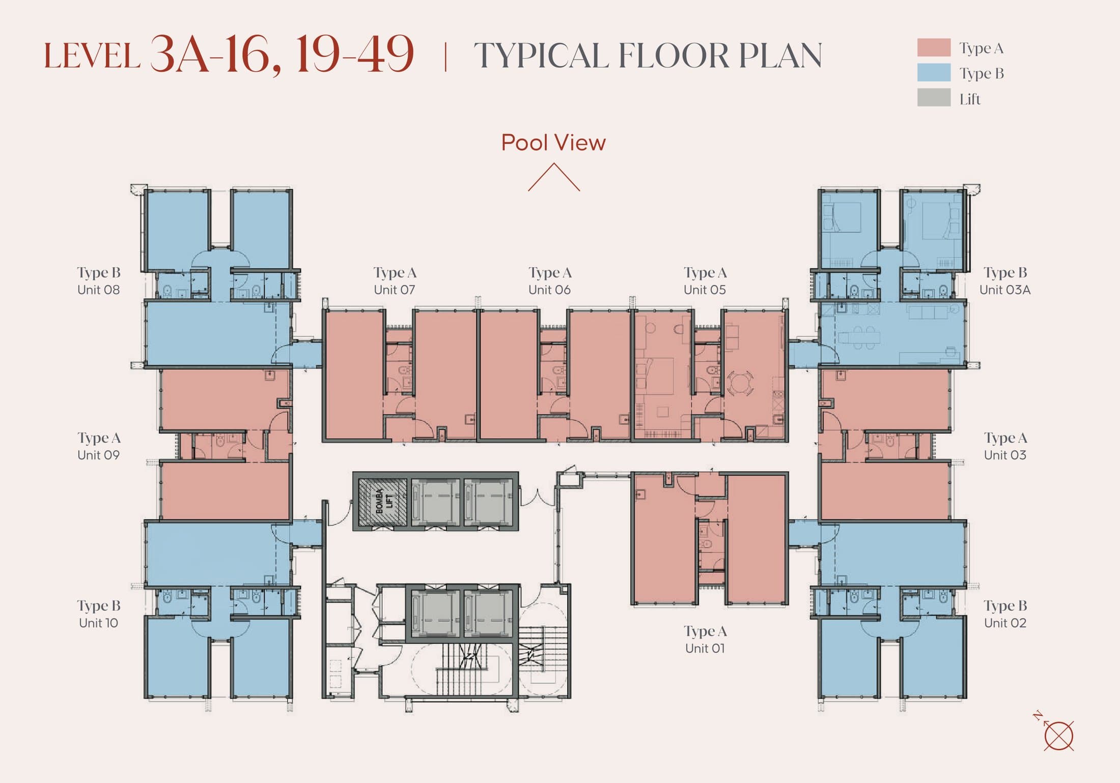 Aurum Suites typical floor plan, levels 3A to 16 and 19 to 49 — ten suites per floor, six Type A and four Type B, around a core of five lifts, with the pool view along one side