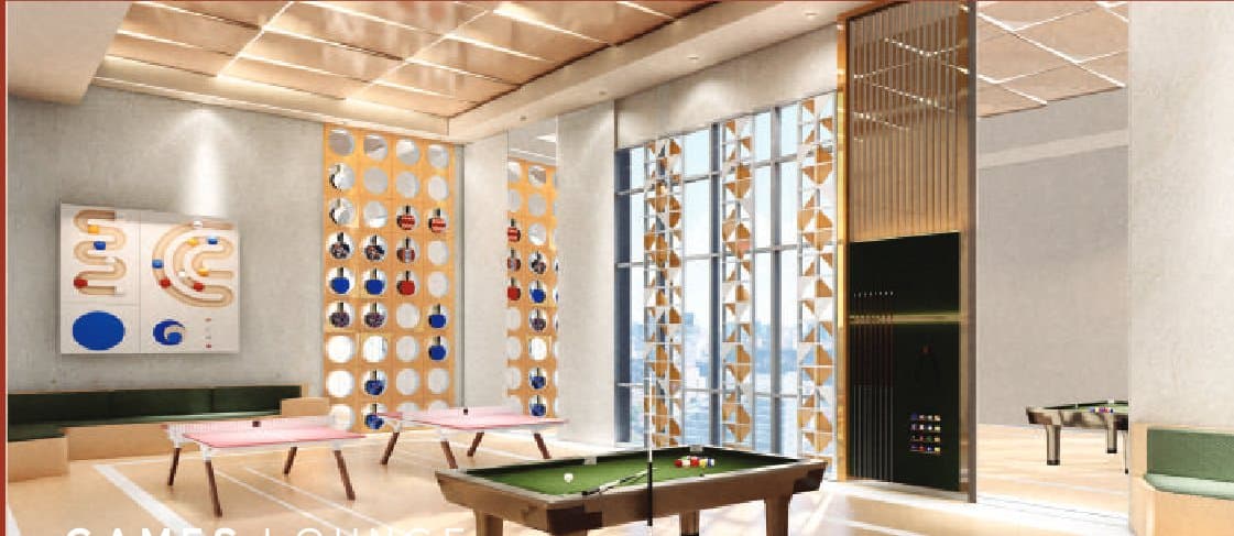The games lounge — billiards and table tennis behind the podium lobby
