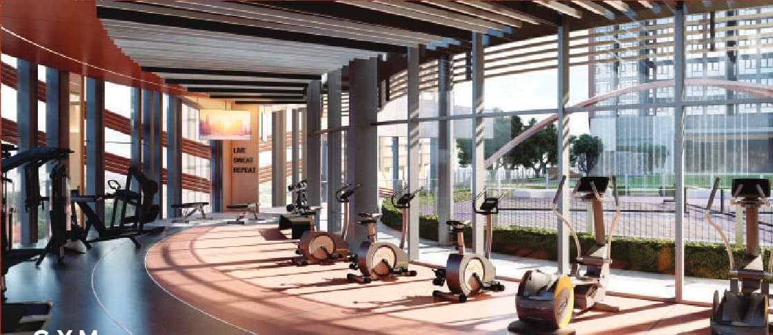 The gym, glazed floor to ceiling along the edge of the Level 3 deck