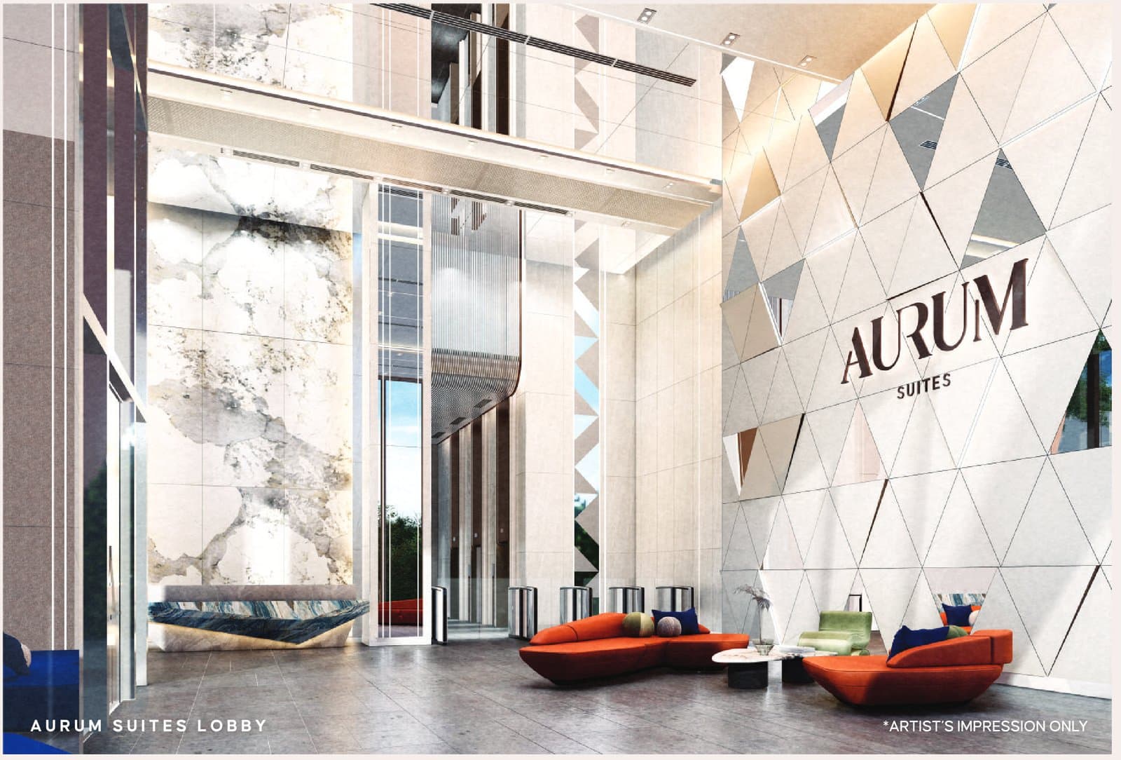 The double-volume Aurum Suites lobby — marble, mirrored facets and smart surveillance security