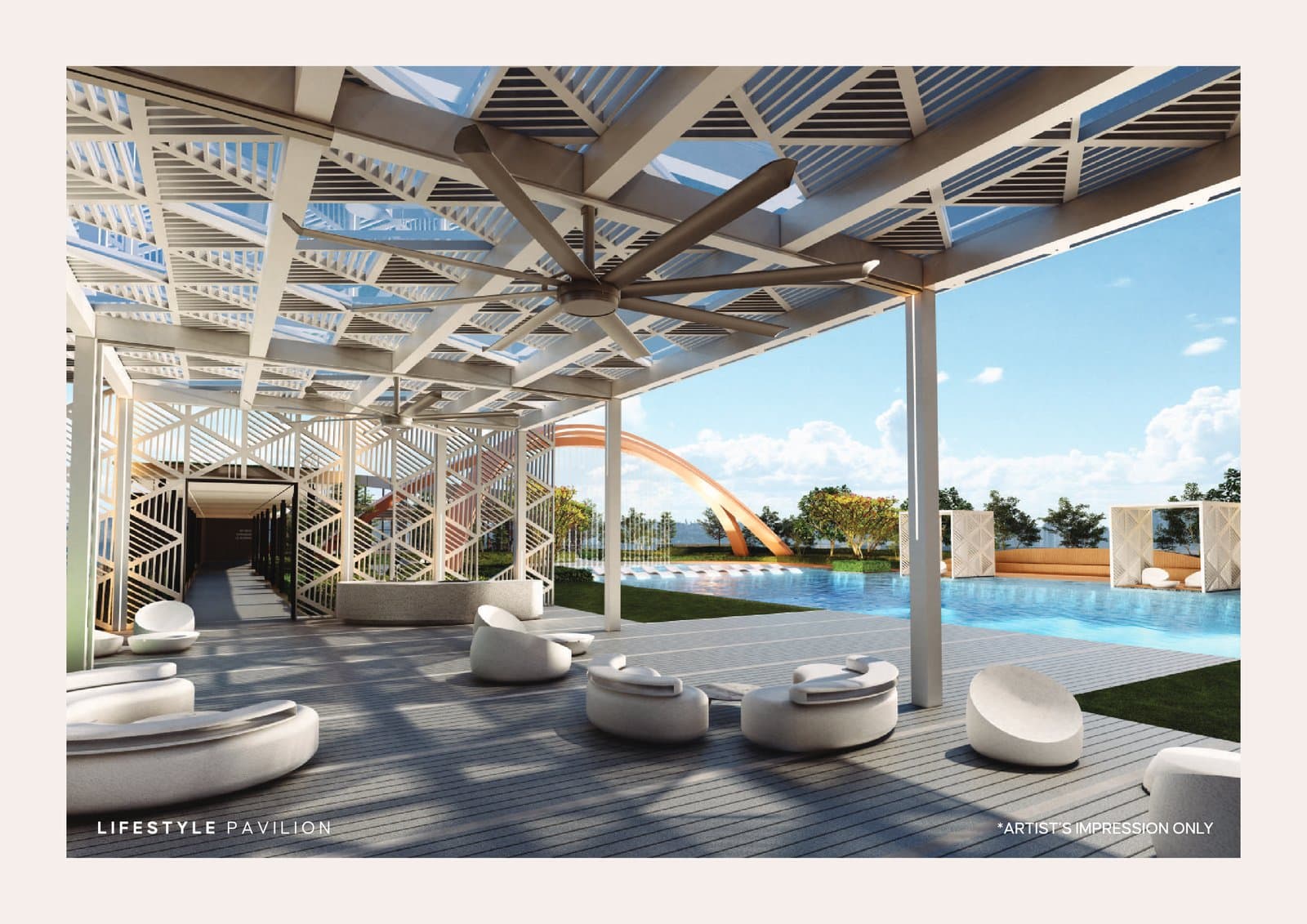The lifestyle pavilion, a shaded lounge terrace beside the pool