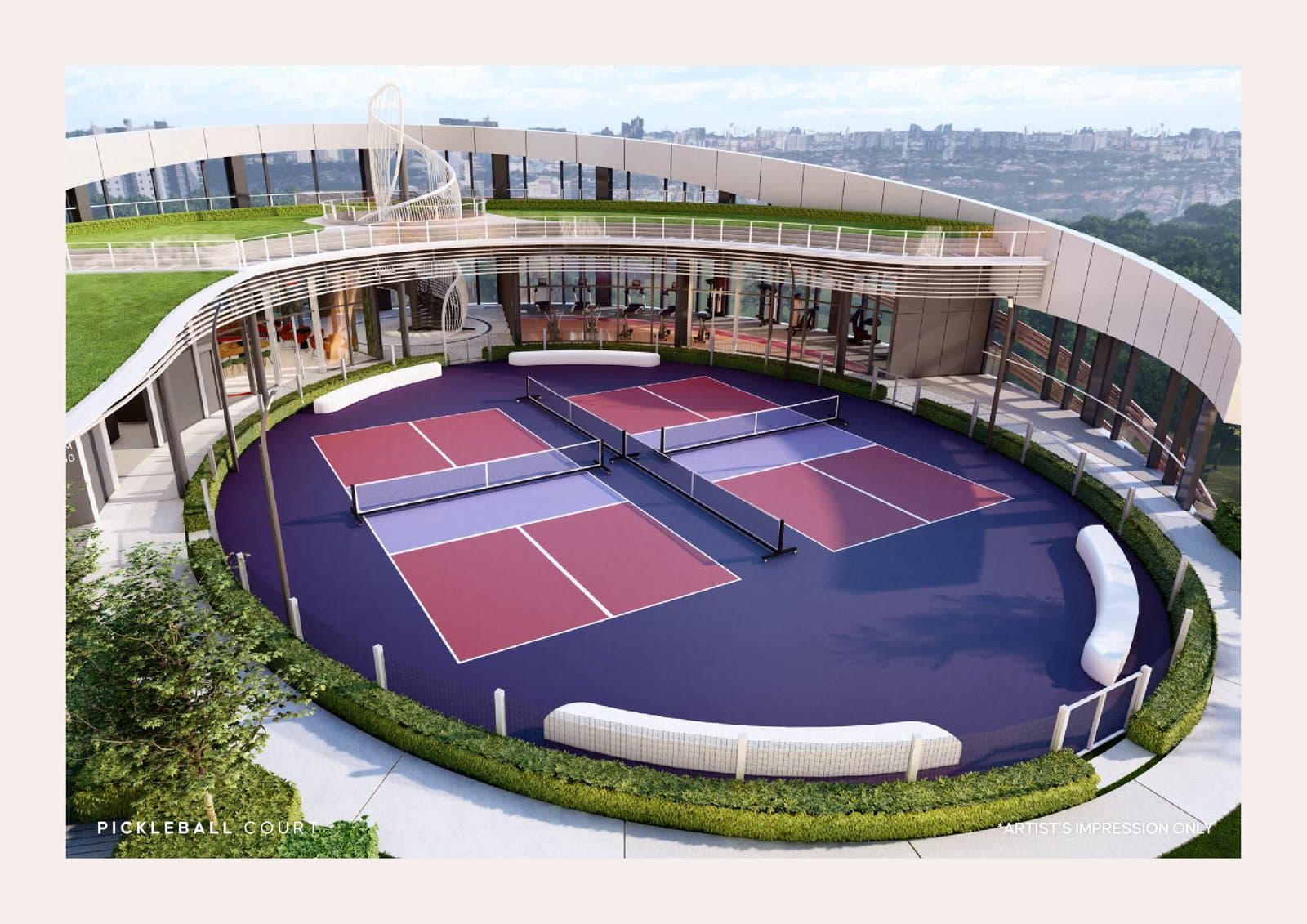 Two pickleball courts on their own oval terrace at the end of the deck