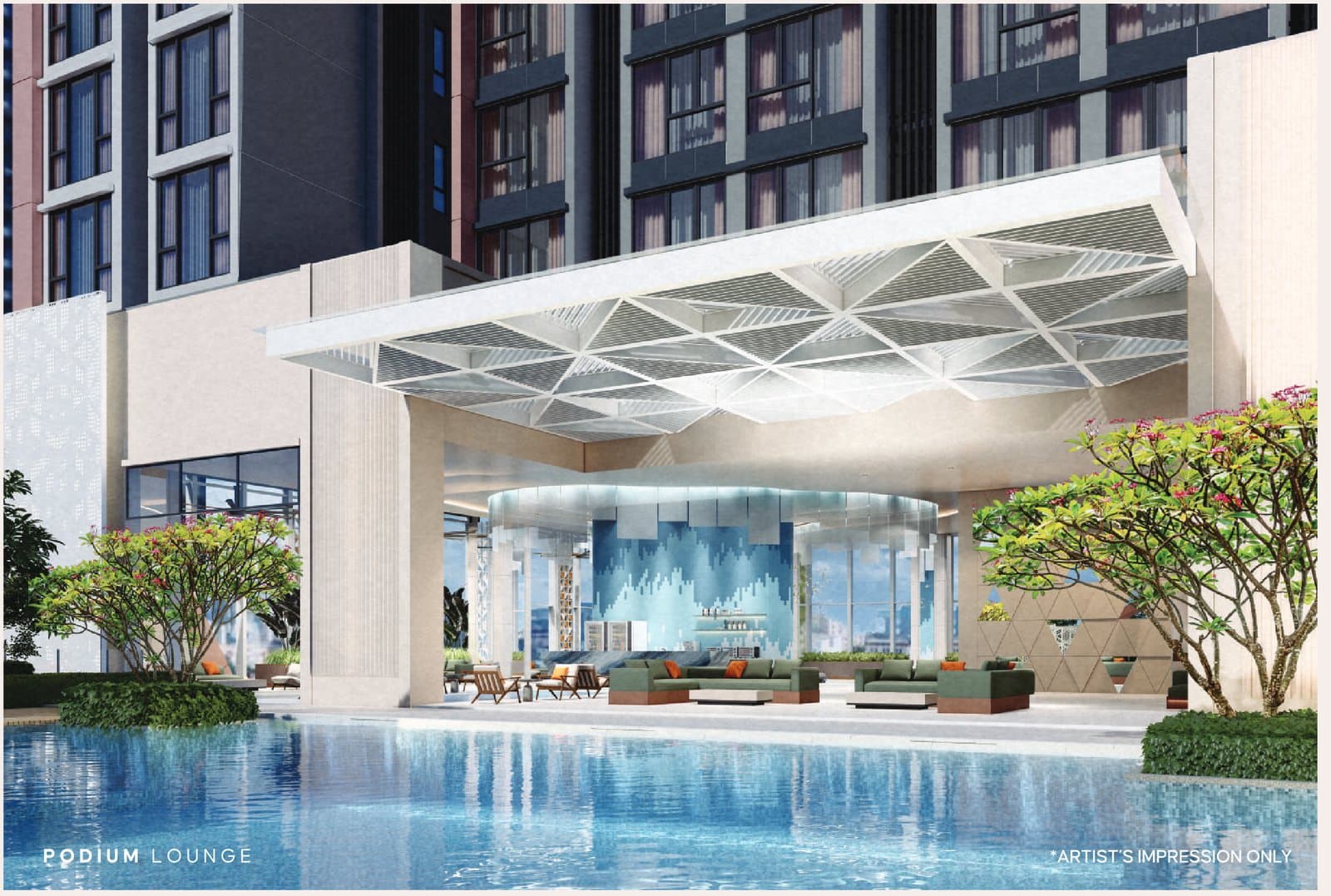 The podium lounge, opening straight onto the pool under a sculpted trellis canopy