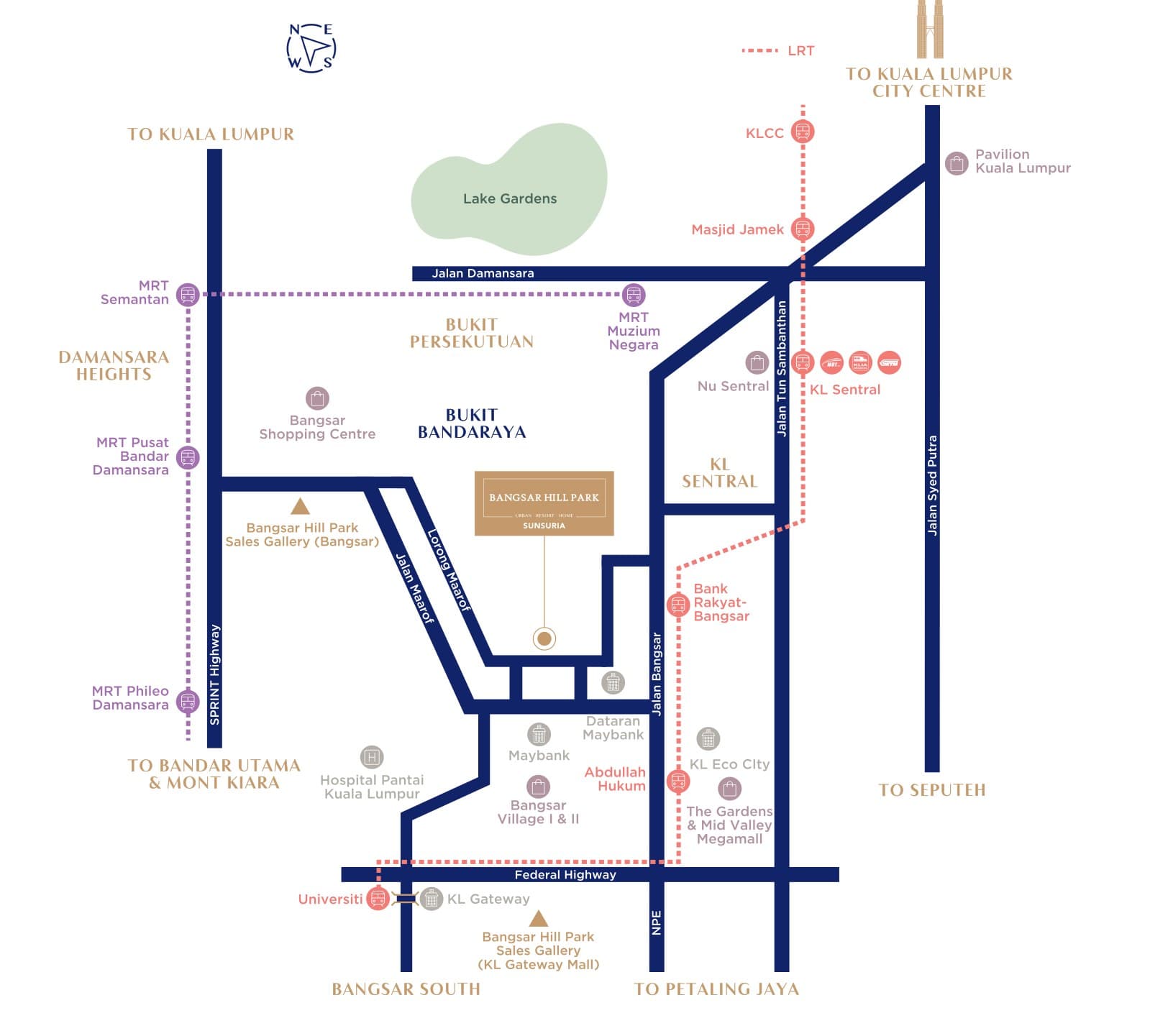 Bangsar Hill Park brochure location map — Lorong Maarof off Jalan Maarof, with Bank Rakyat – Bangsar LRT, Abdullah Hukum, KL Sentral, Bangsar Village I & II, Hospital Pantai Kuala Lumpur, Mid Valley and the Federal Highway, NPE and SPRINT Highway