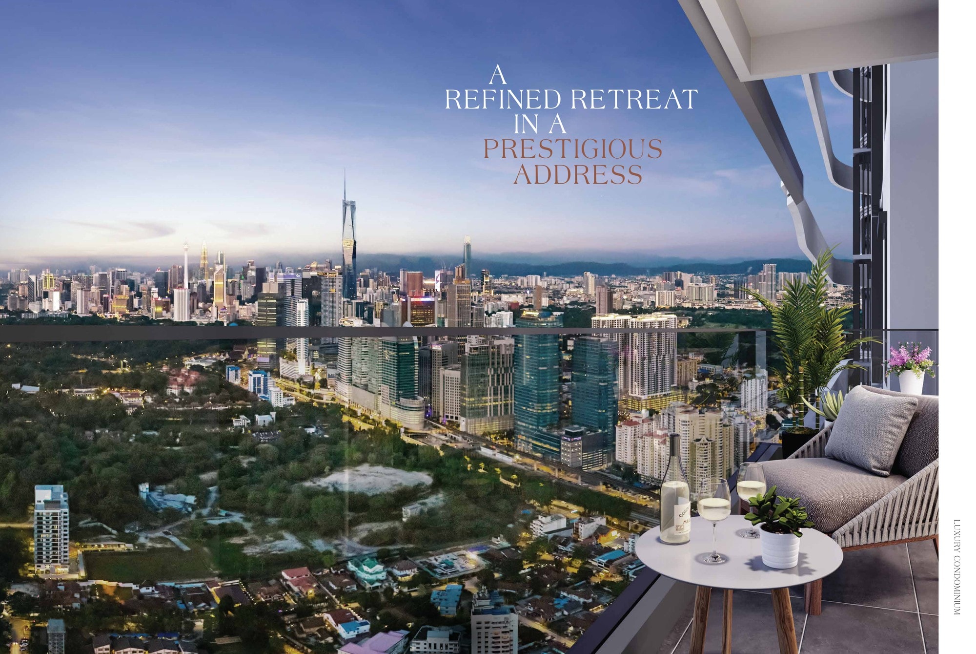 The view from a Talisa balcony at Bangsar Hill Park — the Kuala Lumpur skyline with Merdeka 118, the Petronas Twin Towers and KL Tower beyond KL Eco City and the Bangsar treeline