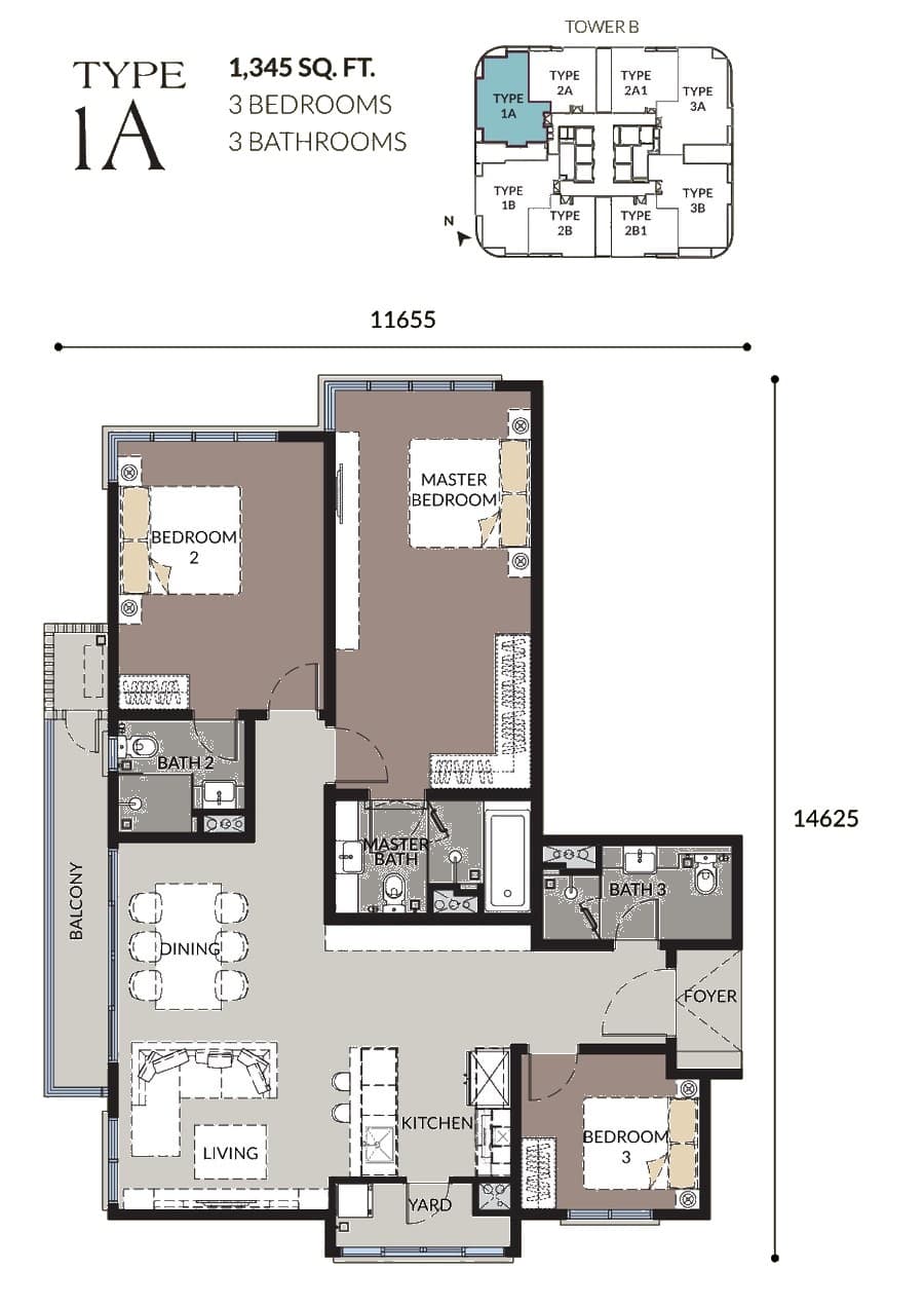 Talisa @ Bangsar Hill Park Type 1A floor plan — 1,345 sq ft, 3 bedrooms · 3 bathrooms, Tower B only