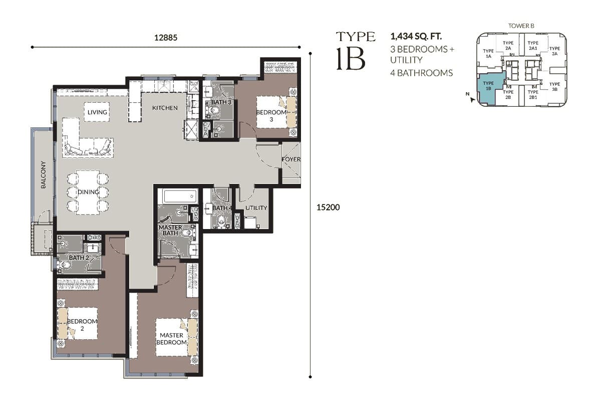 Talisa @ Bangsar Hill Park Type 1B floor plan — 1,434 sq ft, 3 bedrooms + utility · 4 bathrooms, Tower B only