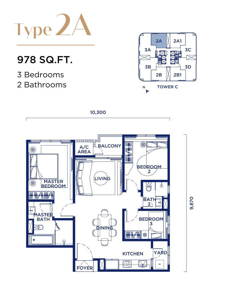 Talisa @ Bangsar Hill Park Type 2A floor plan — 978 sq ft, 3 bedrooms · 2 bathrooms, Tower C