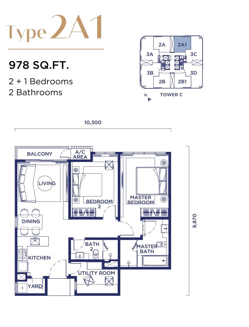 Talisa @ Bangsar Hill Park Type 2A1 floor plan — 978 sq ft, 2 + 1 bedrooms · 2 bathrooms, Tower C