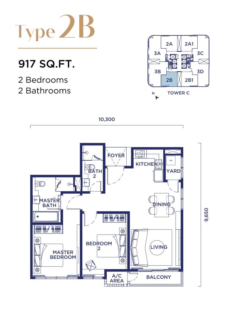 Talisa @ Bangsar Hill Park Type 2B floor plan — 917 sq ft, 2 bedrooms · 2 bathrooms, Towers B & C