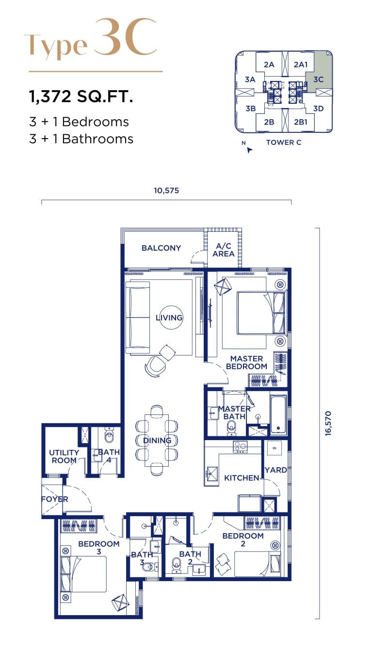 Talisa @ Bangsar Hill Park Type 3C floor plan — 1,372 sq ft, 3 + 1 bedrooms · 3 + 1 bathrooms, Tower C only