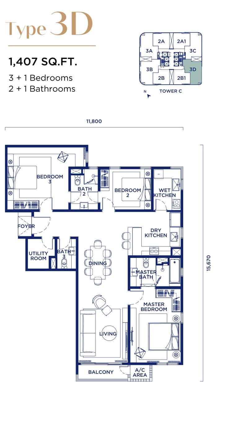 Talisa @ Bangsar Hill Park Type 3D floor plan — 1,407 sq ft, 3 + 1 bedrooms · 2 + 1 bathrooms, Tower C only