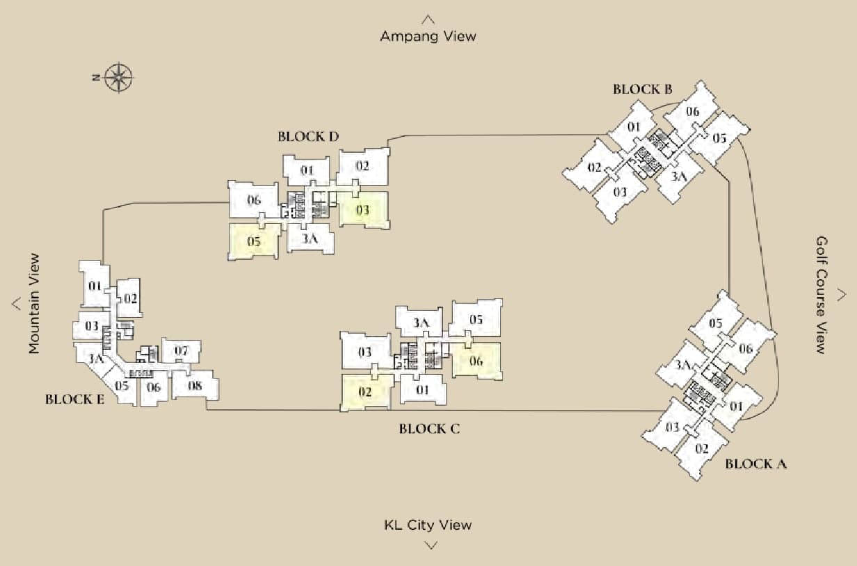 Cappella Embassy key plan showing the unit numbers on a typical floor of Blocks A, B, C, D and E, with the Type A1 units highlighted and the Ampang, Golf Course, KL City and Mountain views marked