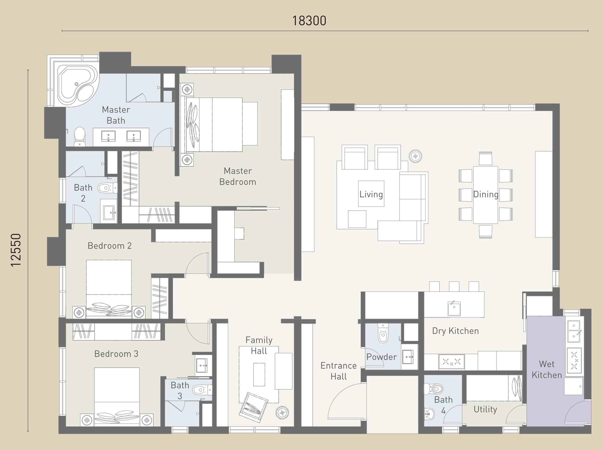 Cappella Embassy Type A1 floor plan — 2,260 sq ft, 3+1 bedrooms, 4+1 bathrooms