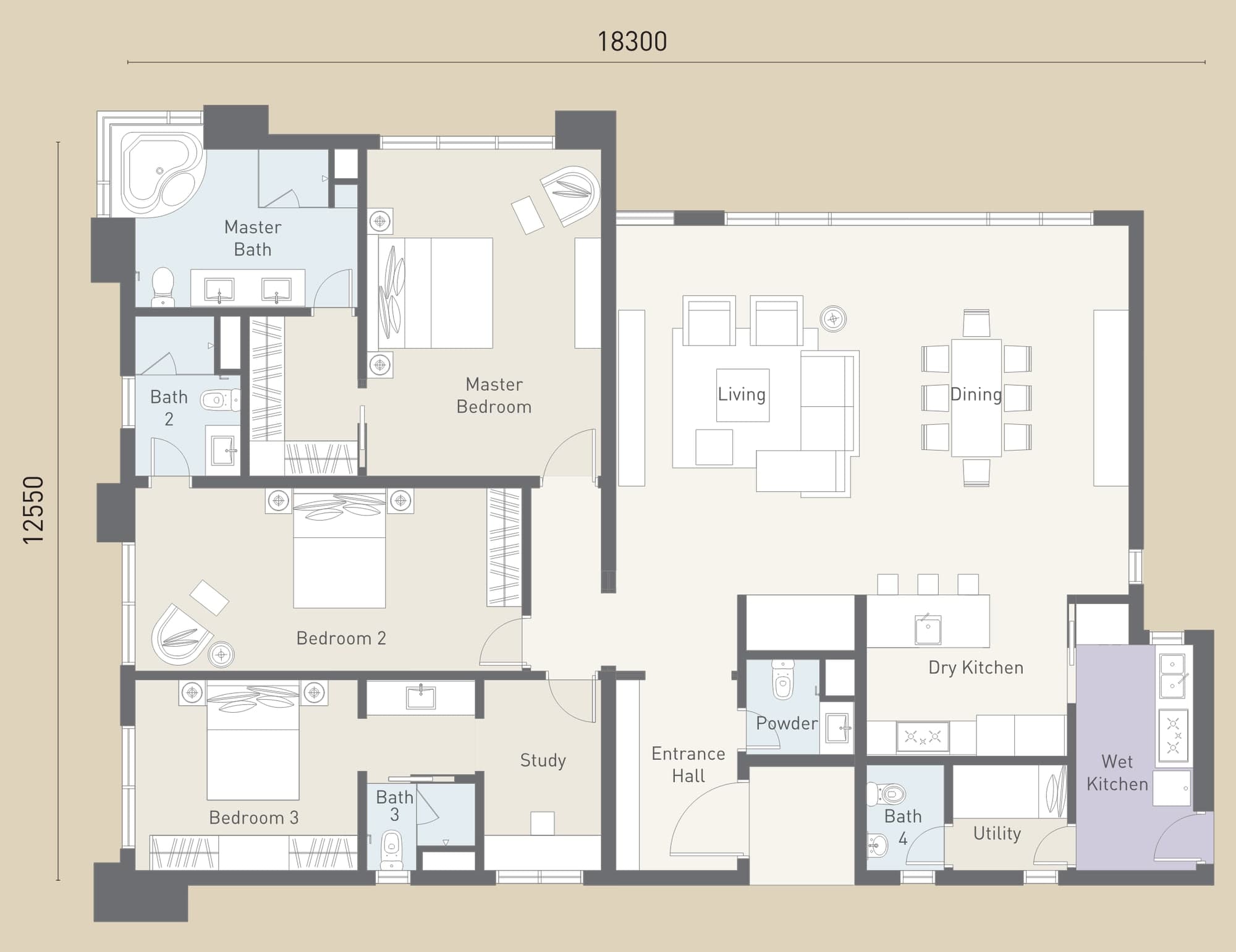Cappella Embassy Type A2 floor plan — 2,260 sq ft, 3+1 bedrooms, 4+1 bathrooms