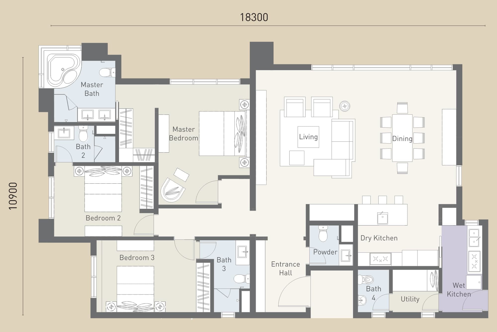 Cappella Embassy Type B floor plan — 1,927 sq ft, 3+1 bedrooms, 4+1 bathrooms