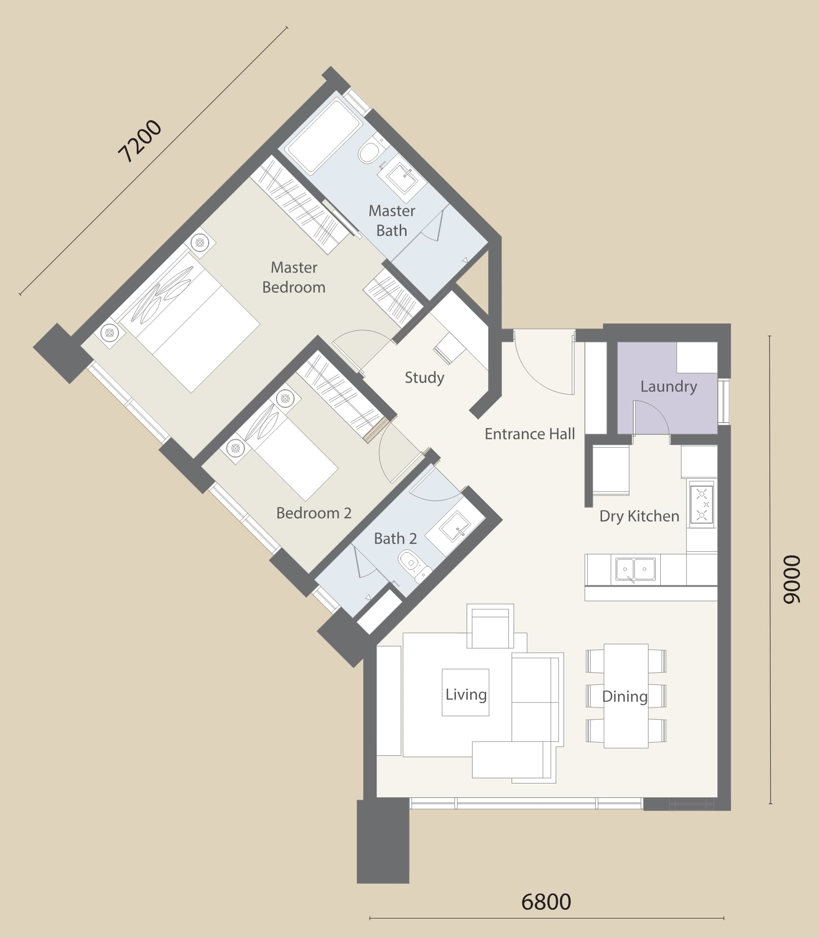Cappella Embassy Type D1 floor plan — 1,152 sq ft, 2 bedrooms, 2 bathrooms