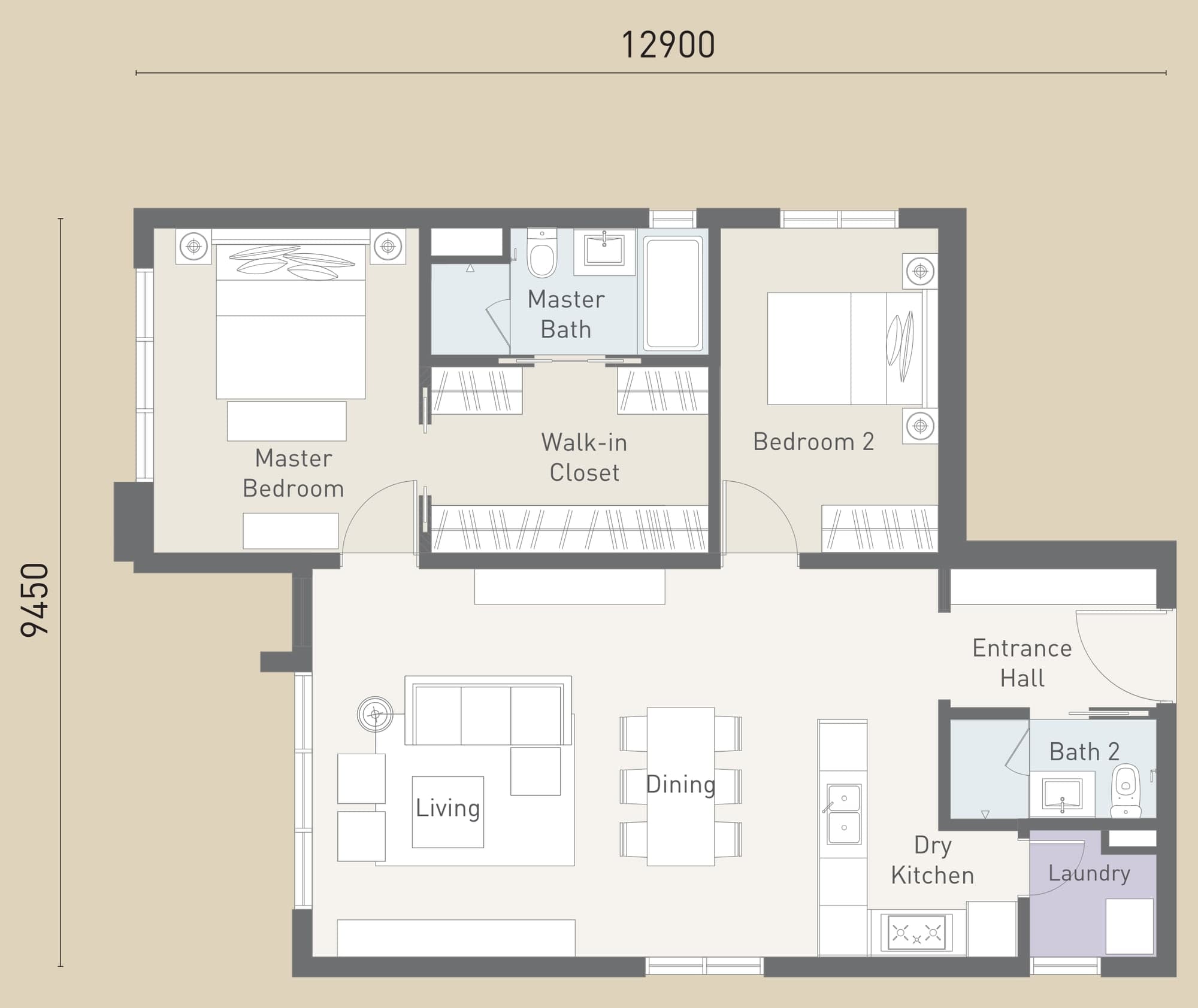 Cappella Embassy Type D2 floor plan — 1,109 sq ft, 2 bedrooms, 2 bathrooms