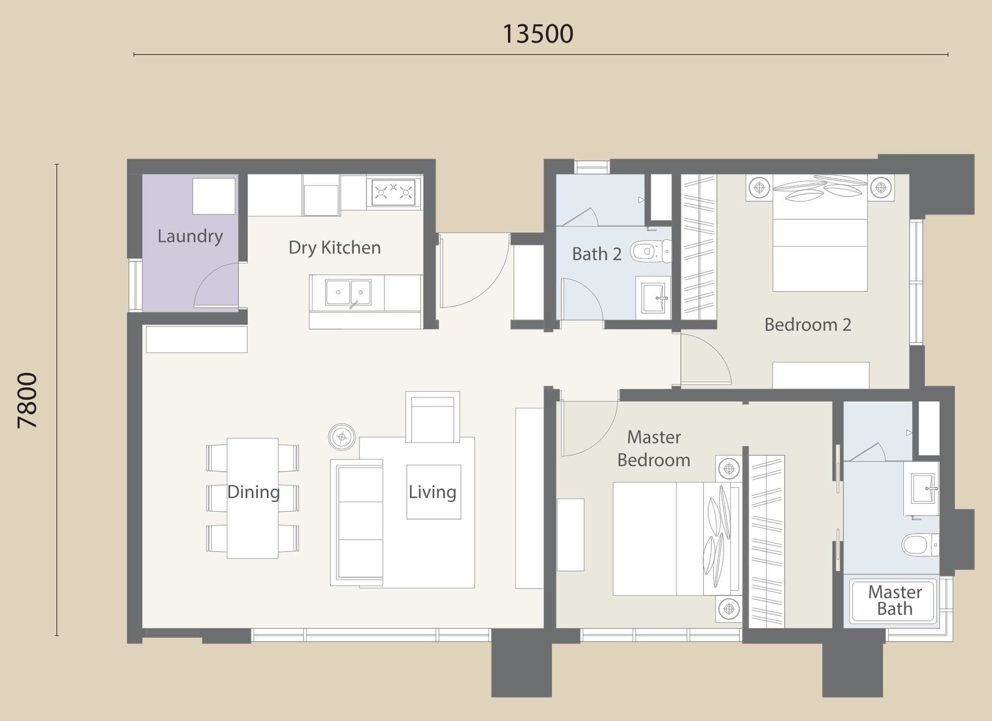 Cappella Embassy Type D3 floor plan — 1,119 sq ft, 2 bedrooms, 2 bathrooms