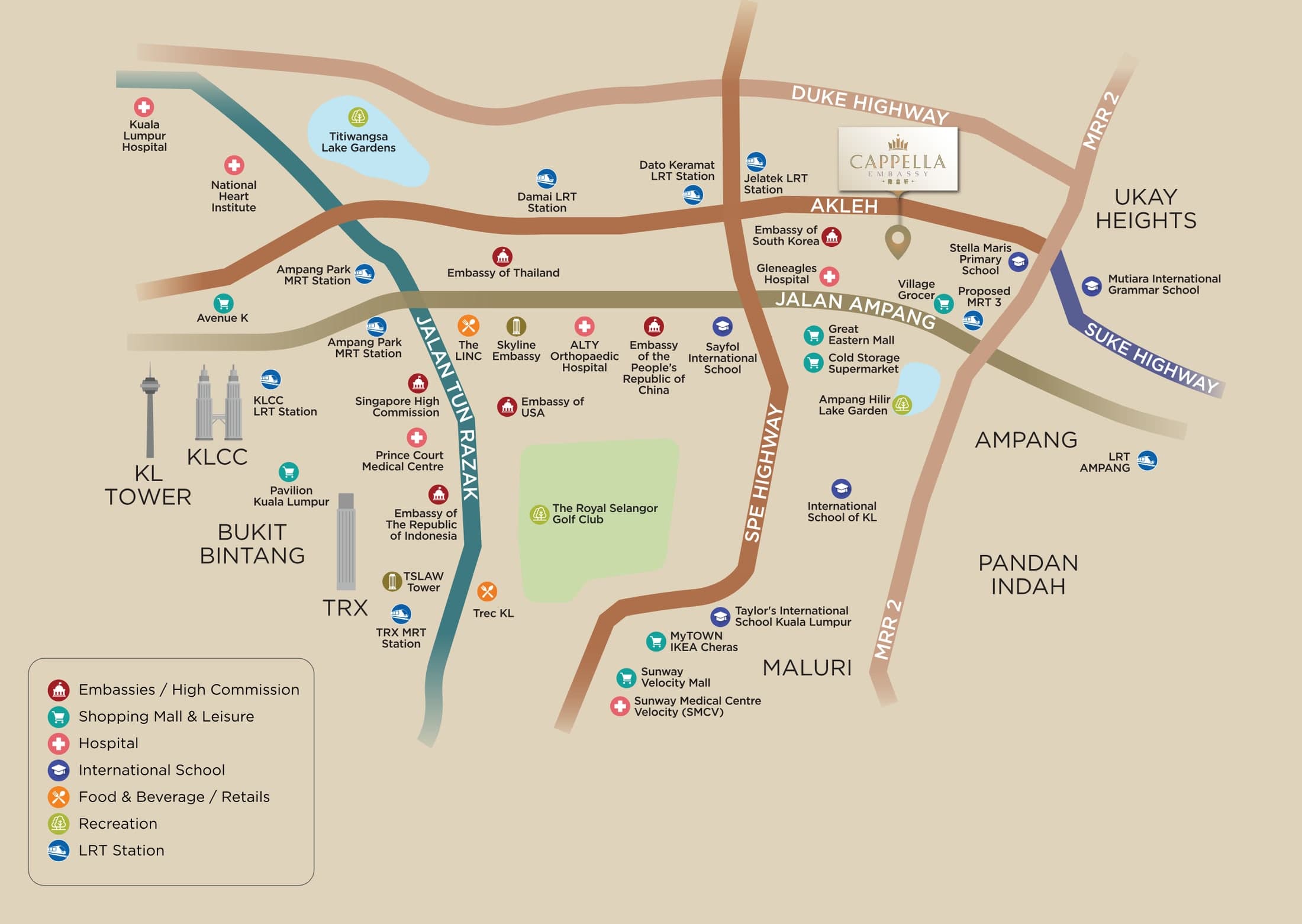 Cappella Embassy location map: Jalan Ampang between AKLEH and MRR2, with the embassies, international schools, hospitals, malls and LRT stations around it
