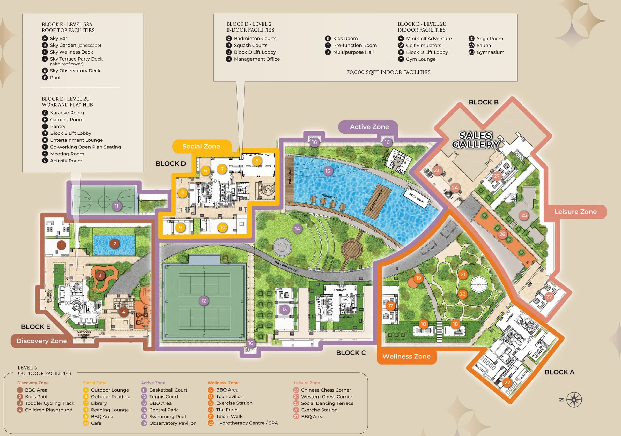 Cappella Embassy site plan: Blocks A to E around the Level 3 deck, with the Discovery, Social, Active, Wellness and Leisure zones and the Block D and Block E indoor facility legends