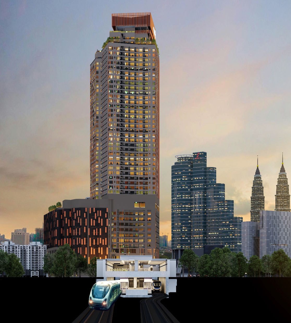 Centrix The Station KLCC — the 47-storey tower at dusk with Dang Wangi LRT station running beneath it and the Petronas Twin Towers behind