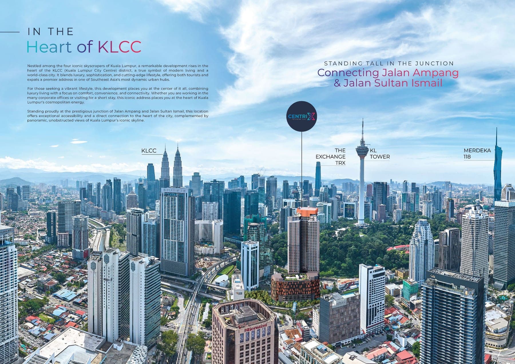 Aerial view over Kuala Lumpur with Centrix marked at the junction of Jalan Ampang and Jalan Sultan Ismail, the KL Tower and the Petronas Twin Towers beyond it