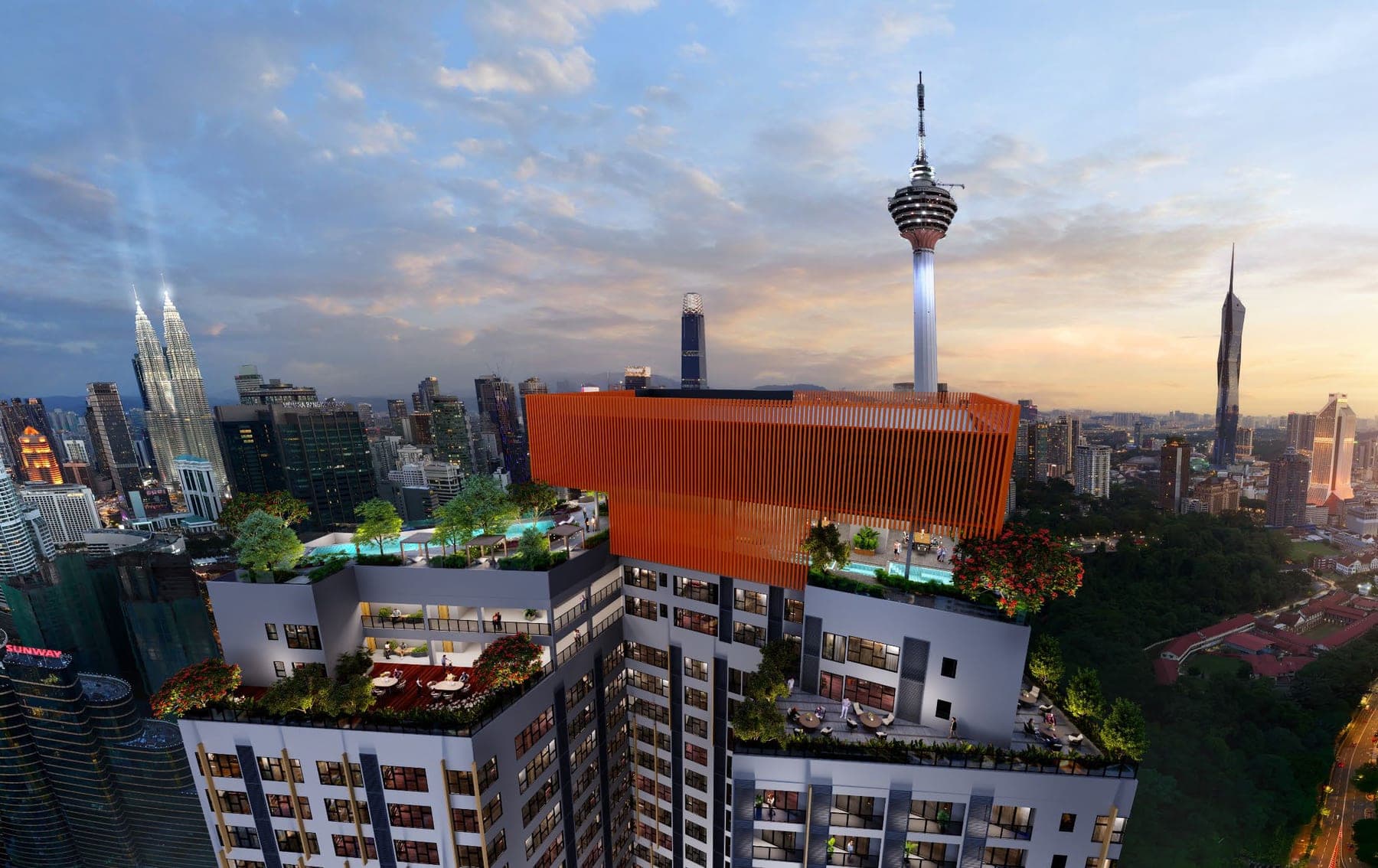 The Centrix sky deck and its cantilevered crown at dusk, with the KL Tower on one side and the Petronas Twin Towers on the other
