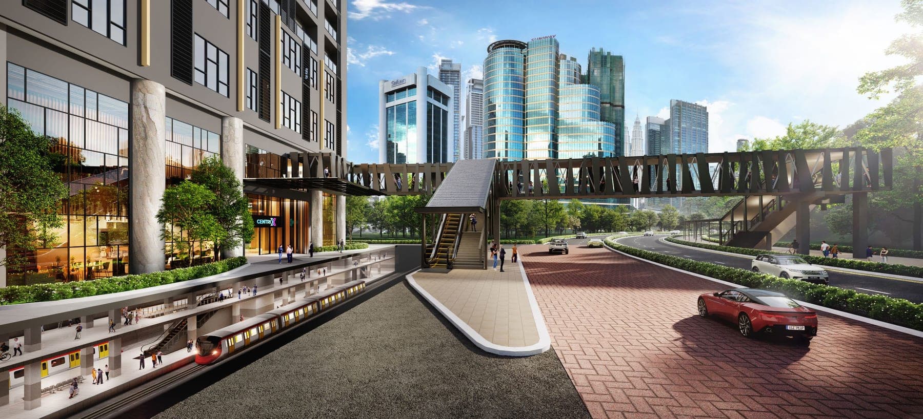 The Centrix podium at street level, with the Dang Wangi LRT platform running underneath and the covered link to Bukit Nanas monorail