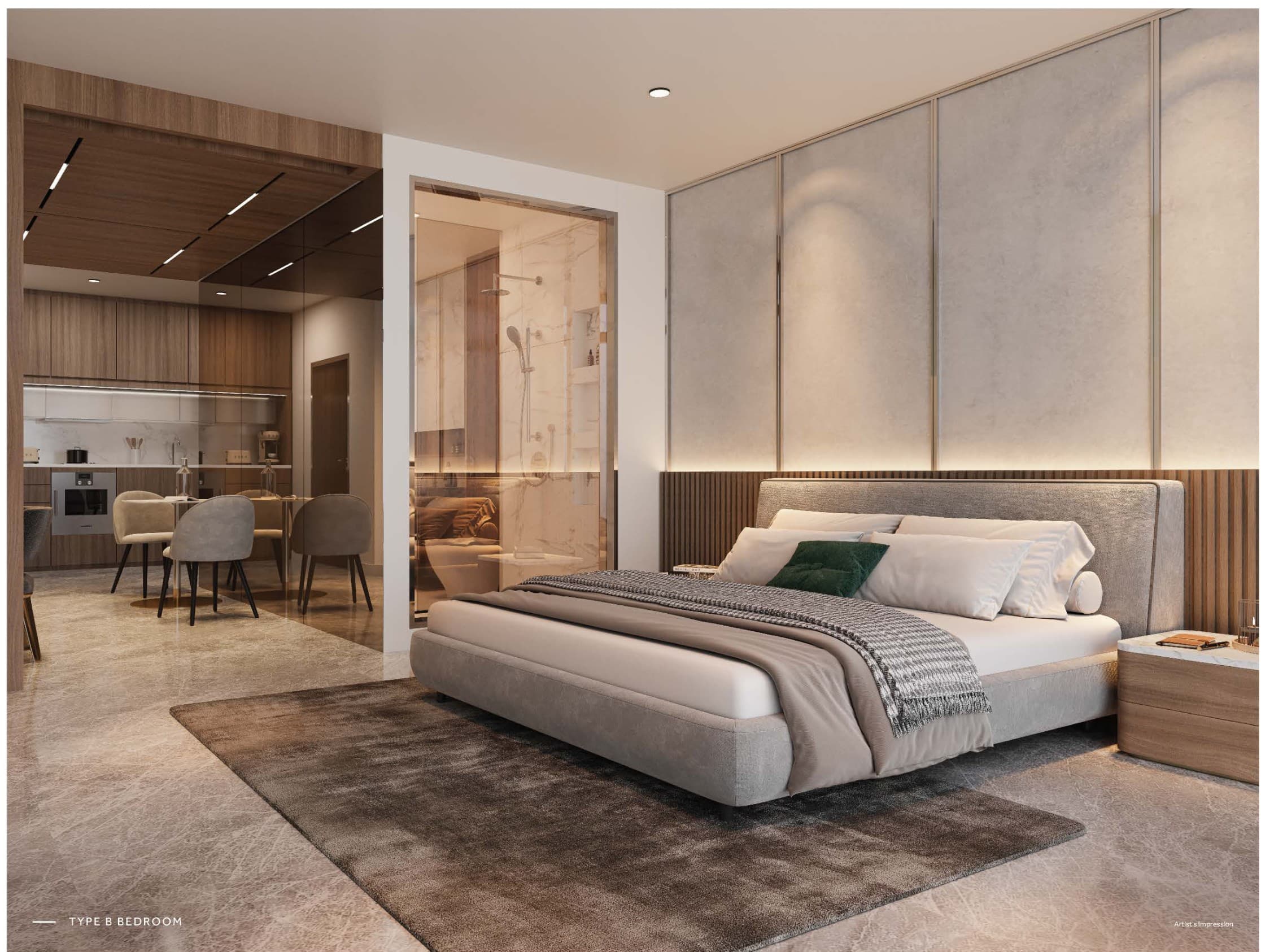 CloutHaus Residences Type B bedroom — fluted timber headboard wall, stone-panelled side wall, and the kitchen, dining and marble bathroom visible beyond the doorway
