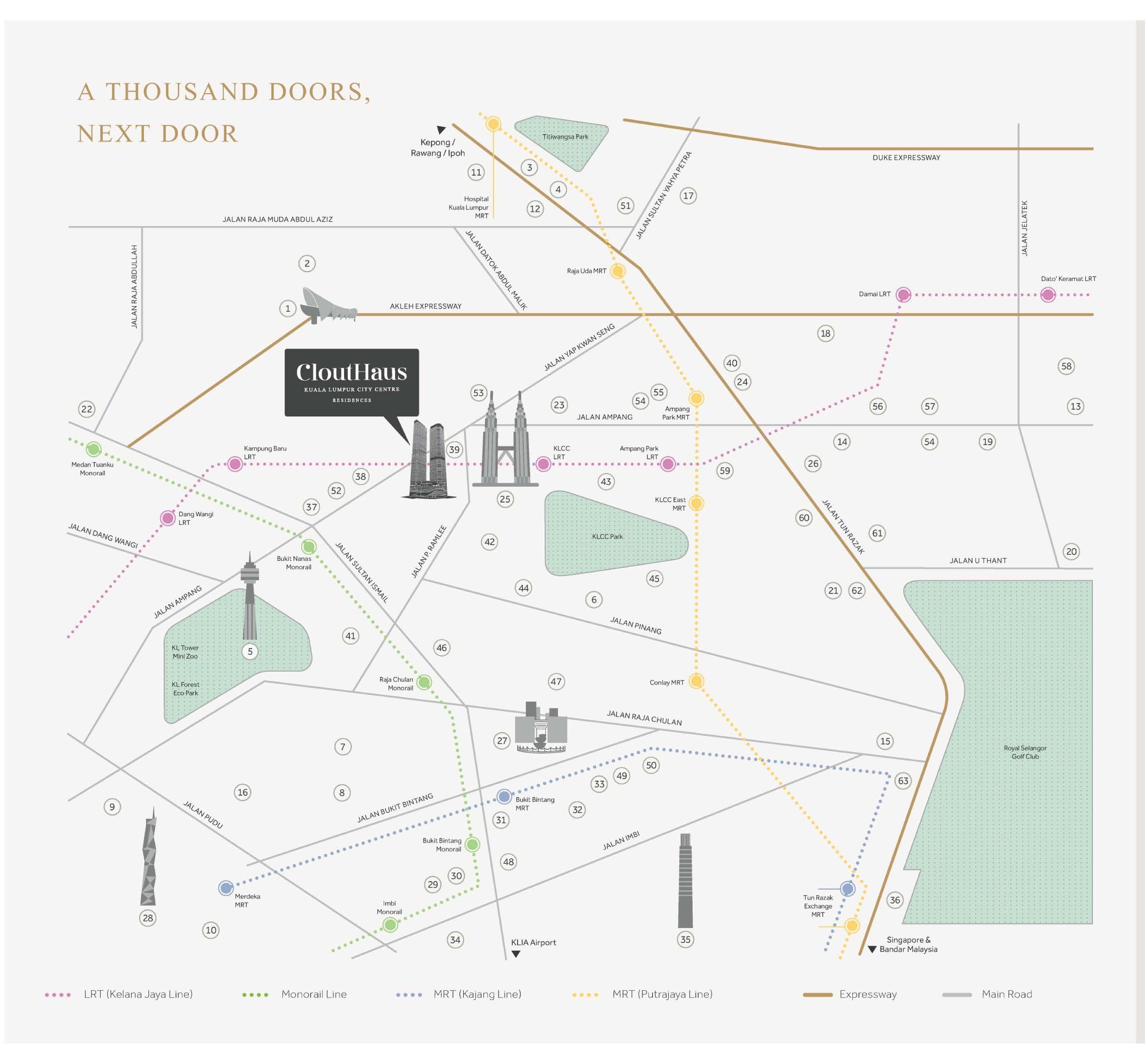 CloutHaus location map from the developer's brochure — the CloutHaus towers marked on Jalan P. Ramlee beside the Petronas Twin Towers and KLCC Park, with Kampung Baru, KLCC and Ampang Park LRT stations on the Kelana Jaya line, the MRT Putrajaya line running through KLCC East and Conlay, the Monorail through Bukit Nanas and Bukit Bintang, and sixty-three numbered landmarks from KL Tower and Pavilion to the embassy quarter and the Royal Selangor Golf Club