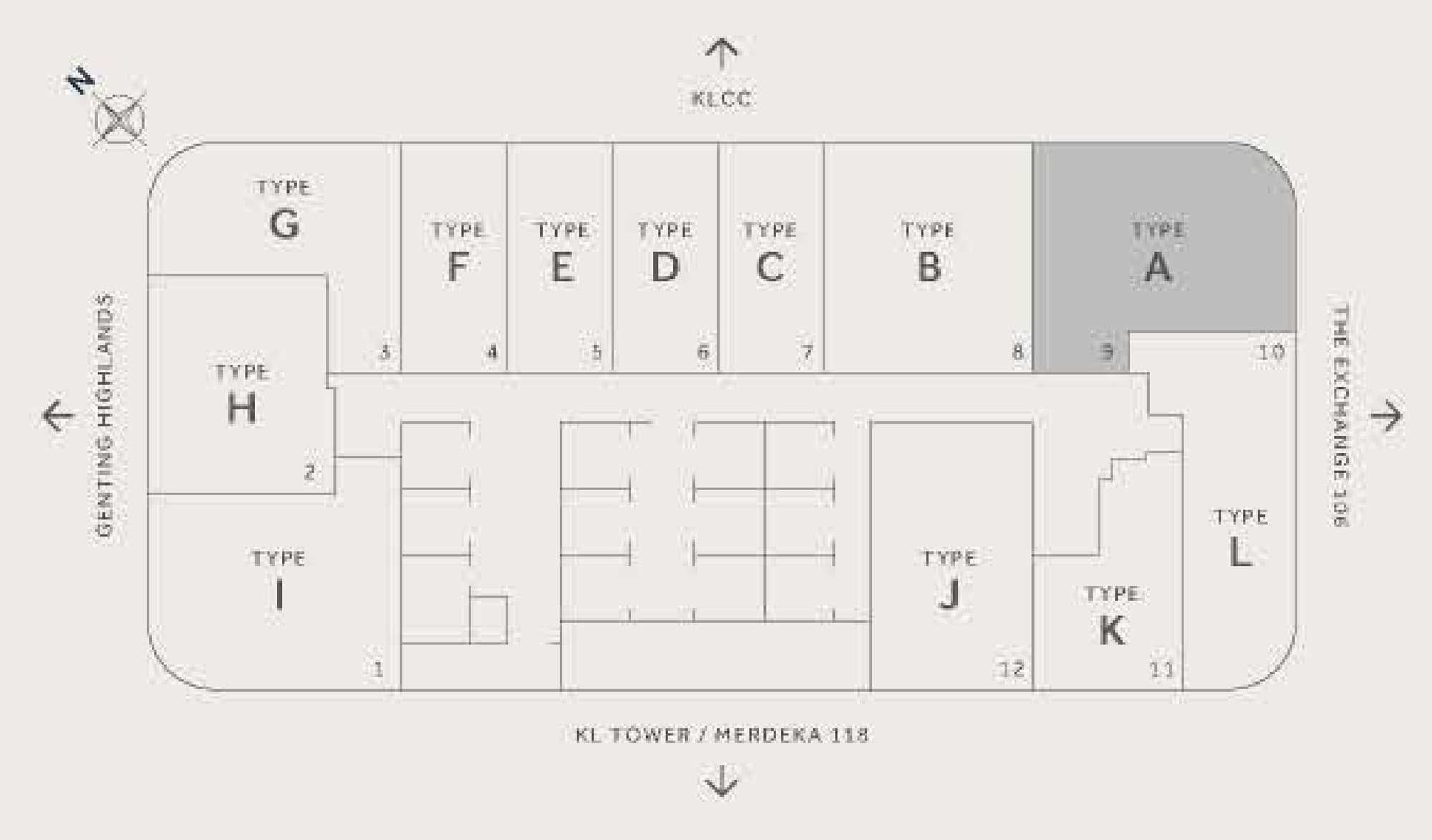 CloutHaus Residences typical floor plate — twelve homes around the central core: Type I at unit 01 and Type H at 02 on the west, Types G, F, E, D, C, B and A along the KLCC-facing north edge at 03 to 09, Type L at 10, Type K at 11 and Type J at 12, with KLCC to the north, KL Tower and Merdeka 118 to the south, The Exchange 106 east and Genting Highlands west