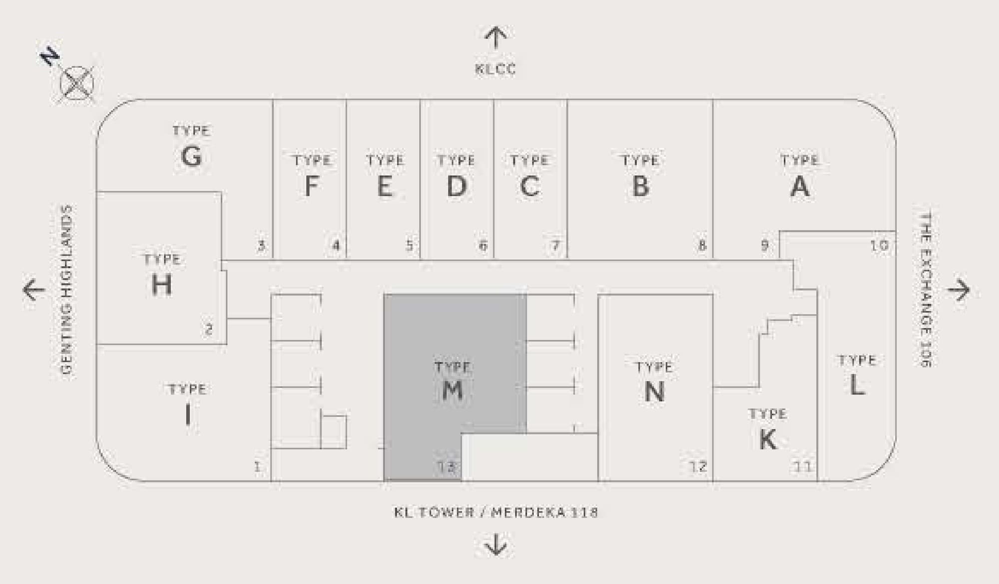 CloutHaus Residences alternate floor plate — the same ring of homes with the single Type J at unit 12 replaced by two homes, the 1,173 sq ft Type M at 13 and the 893 sq ft Type N at 12, giving thirteen homes on the floor