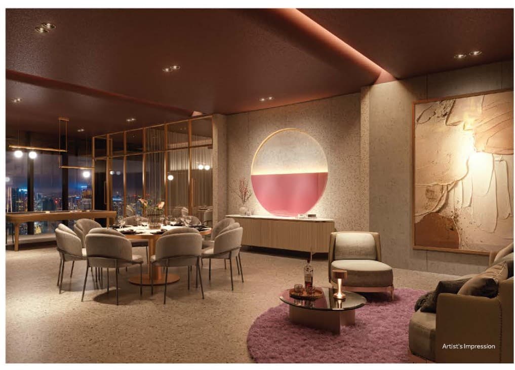 The games room — a private dining and games space with its own bar, lit in the brochure's warm bronze