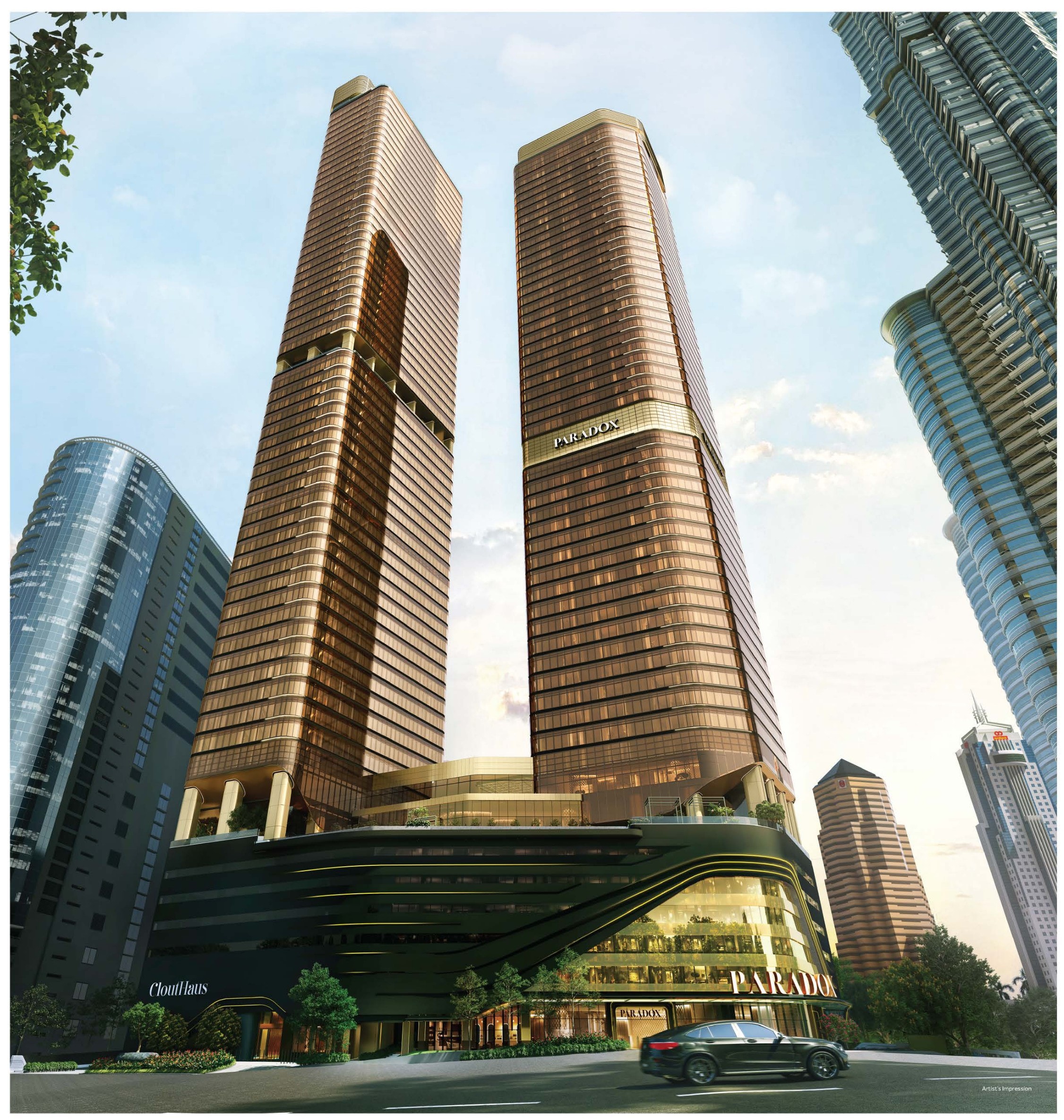 CloutHaus Residences KLCC — the two slender CloutHaus and Paradox Hotel towers rising above their curved glass podium on Jalan P. Ramlee, with the Petronas Twin Towers alongside