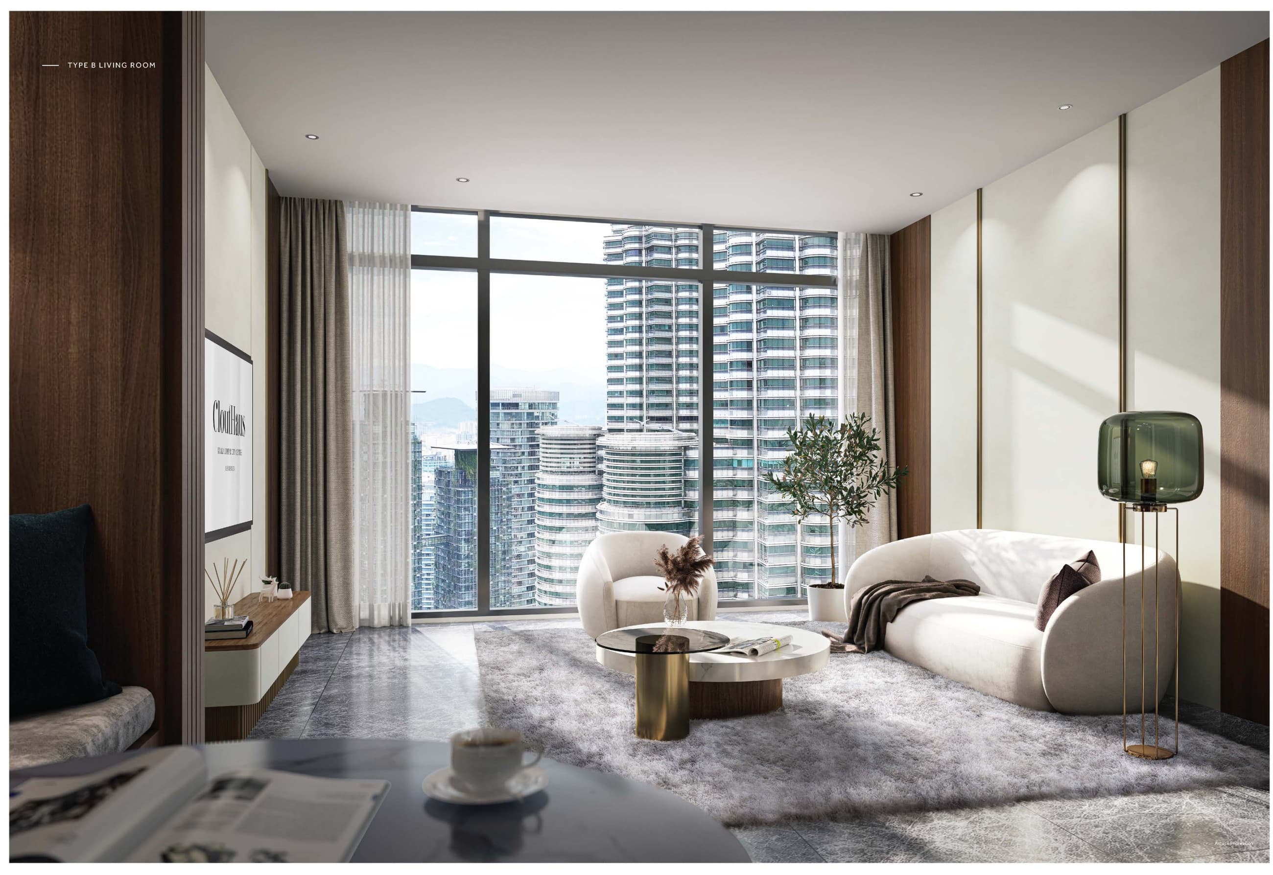 CloutHaus Residences Type B living room — marble floor, timber-lined walls, a curved sofa and a floor-to-ceiling window looking into the KLCC towers