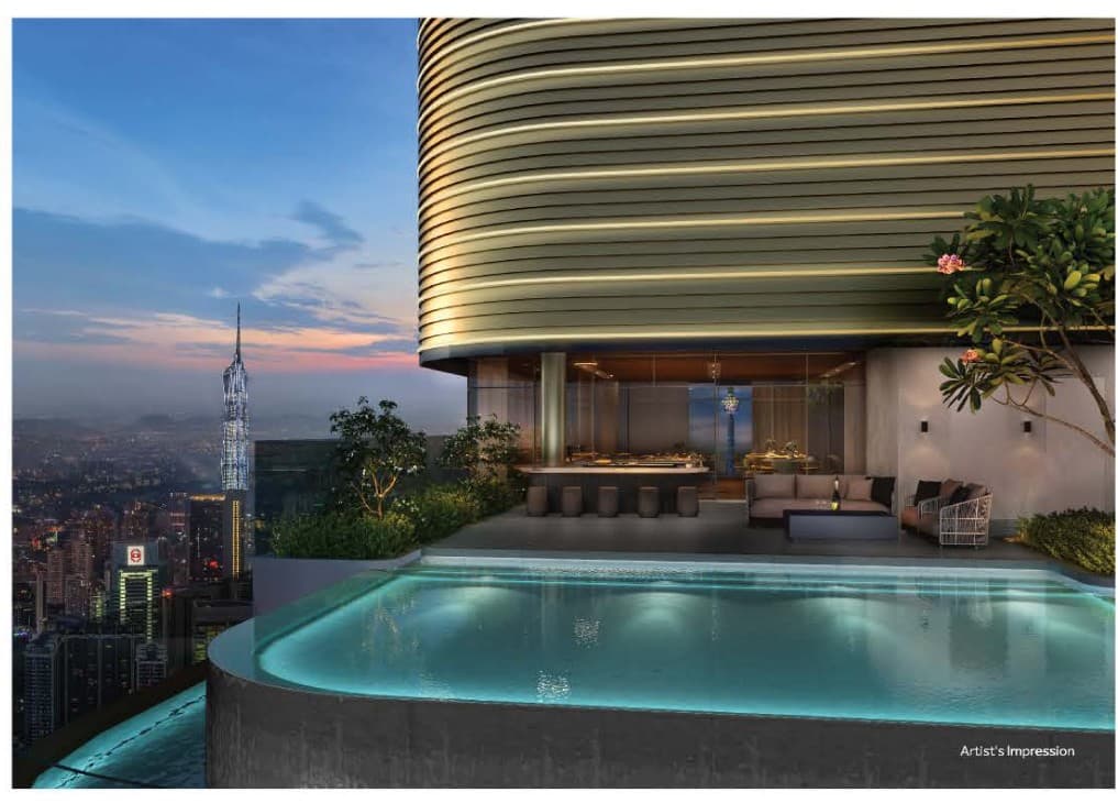 The sky BBQ and kids' pool — a shallow wading pool and lounge terrace under the tower's ribbed underside